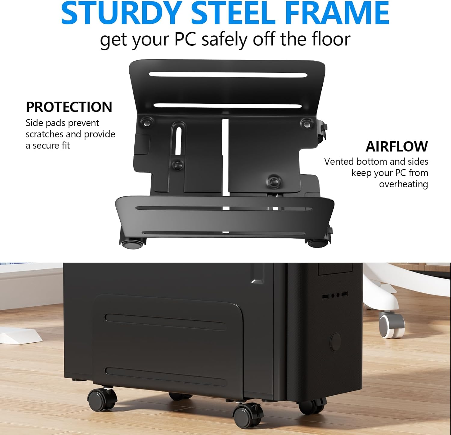 AGPTEK Adjustable and Lockable CPU Stand, Computer Tower Stand Adjustable Width from 12Cm to 20.8Cm with 2 Locking Wheels and 2 Caster Wheels, UPC Steel Rolling Stand Computer Stand for Desktop Tower image number 3