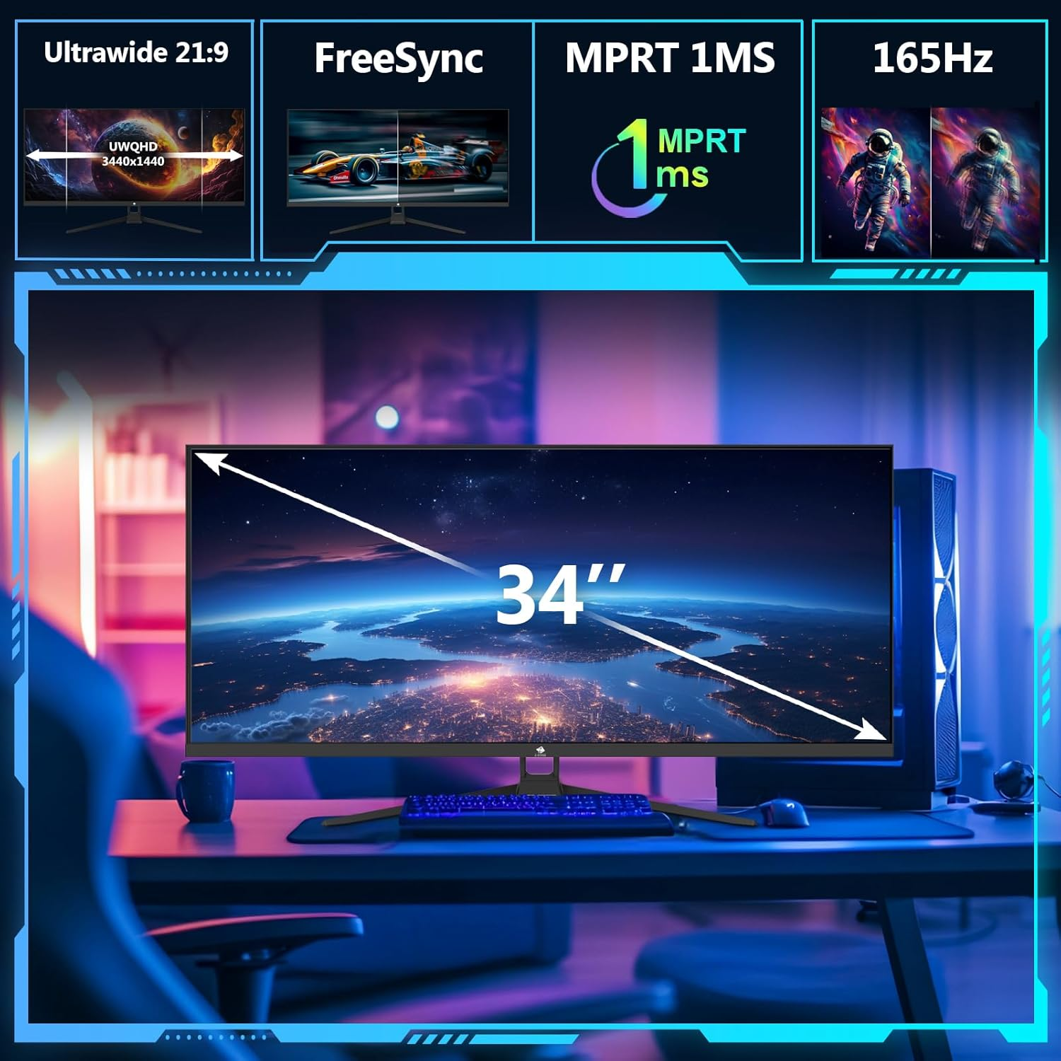 Z-Edge 34 Inch 165Hz Ultrawide Monitor 21:9, IPS Panel, Uwqhd(3440X1440), Gaming Monitor 1Ms MPRT, Freesync, 100% Srgb, PIP & PBP, Displayport (165Hz), HDMI (100Hz), Black (DP Cable Included) image number 3