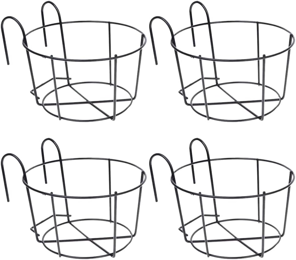 Veumoie 4Pcs Hanging Railing Flower Pot Holders Plant Iron Racks Fence Metal Potted Stand Mounted Balcony Baskets Small