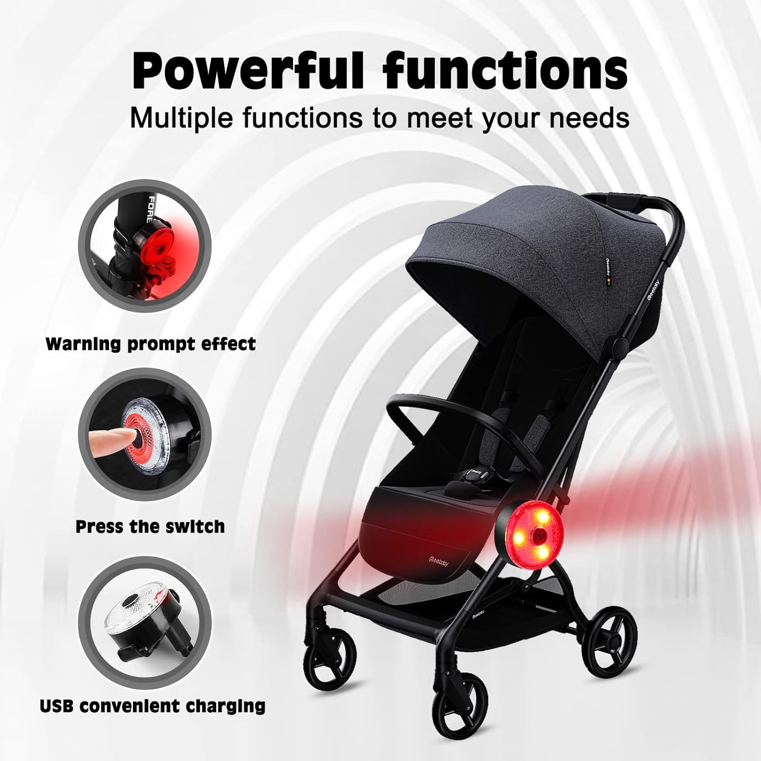 Pack of 2 Pushchair Lights, Aicharynic LED Pram Lights with 3 Light Effects, LED Reflectors for Pushchairs, USB Rechargeable, Waterproof, Flashing Light for All Prams, Pushchairs Accessories image number 4
