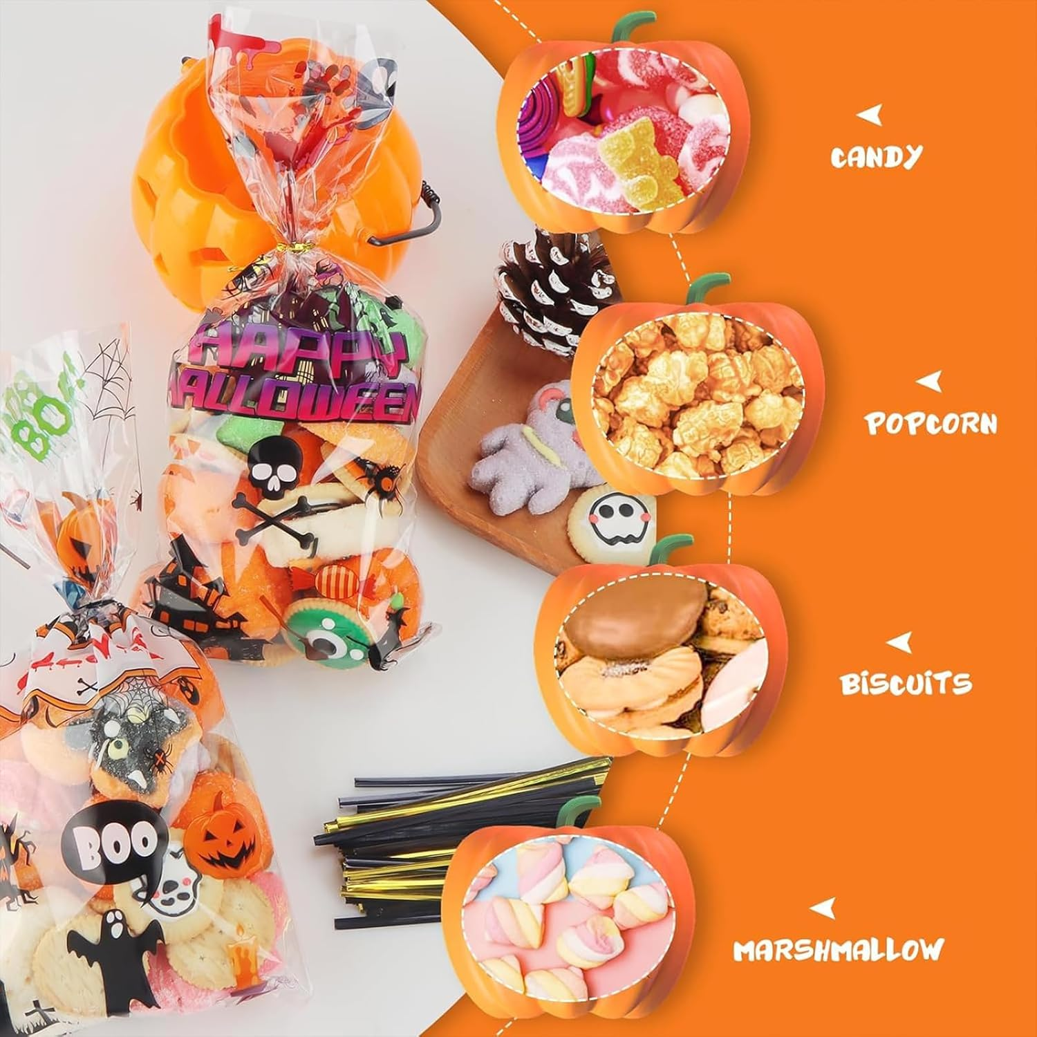 Halloween Cellophane Treat Bags, 100Pcs Halloween Plastic Clear Candy Bags with 100Pcs Twists for Snacks Cookies Packing image number 6