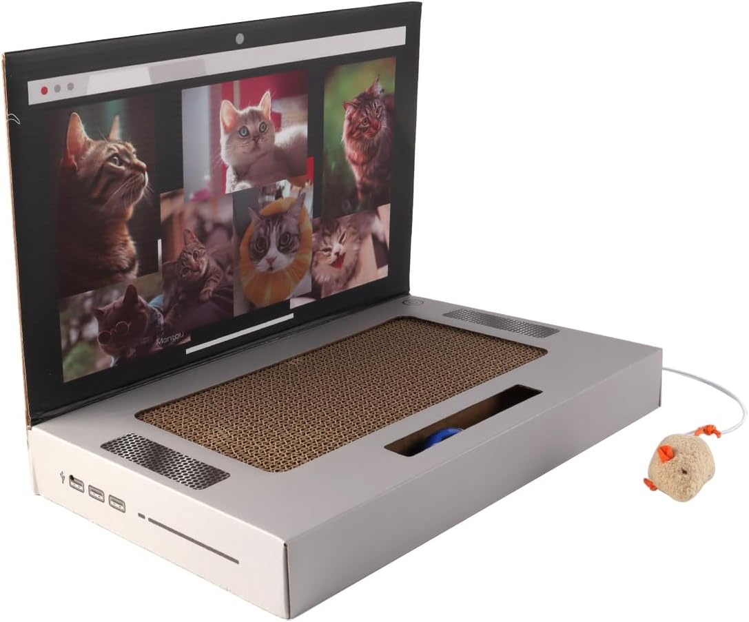 Enwye Laptop-Shaped Cat Scratching Pad with Plush Old Mouse Durable Corrugated Cardboard Foldable Space-Saving Design Control Scratching Pressure image number 5