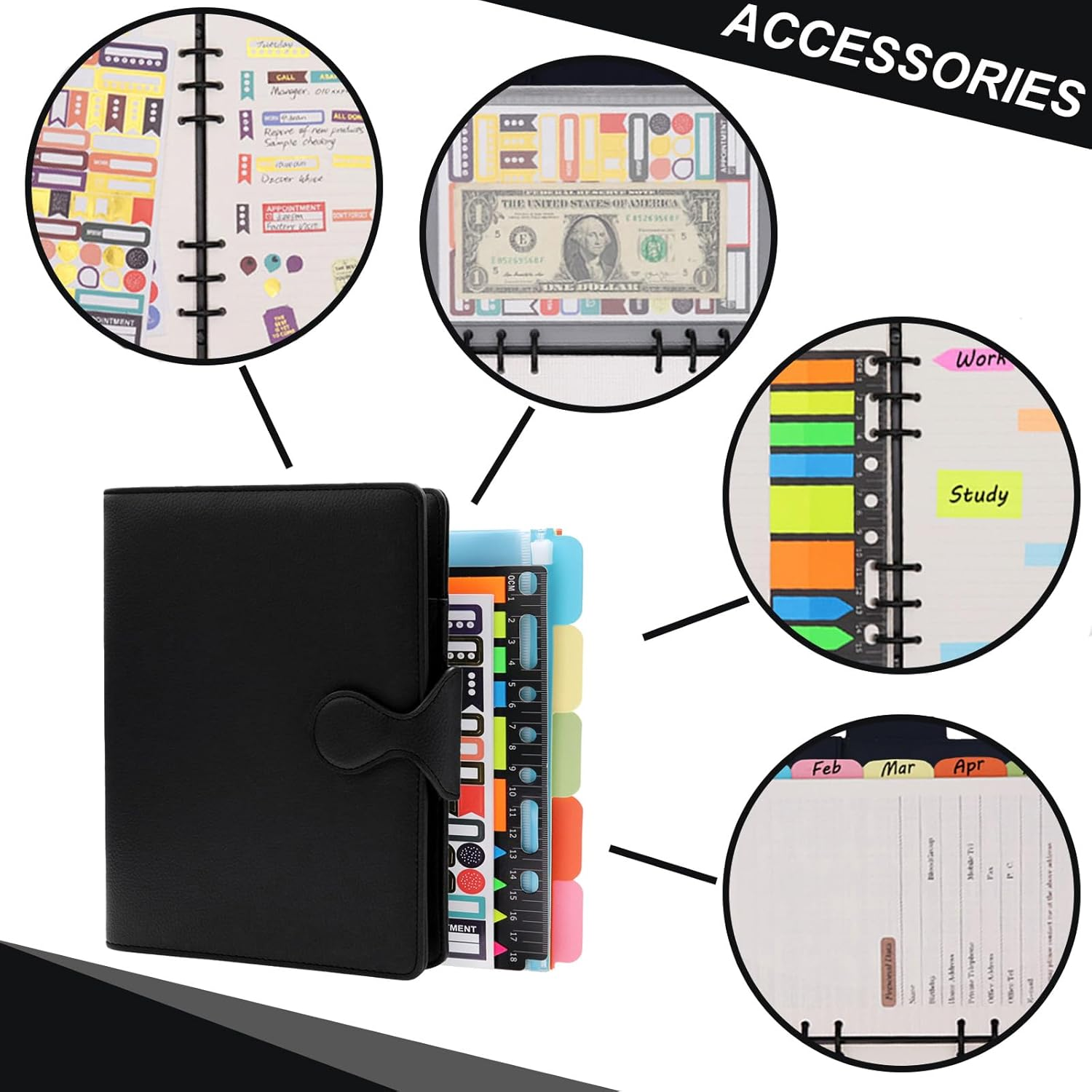 HXRTANGS PU Leather Notebook A5, 6-Ring Binder Journal Refillable Business Notebook, Personal Planner Organizer with Pockets/Pen Holder/Accessories/Lined Paper 160 Pages, Black - Black image number 5