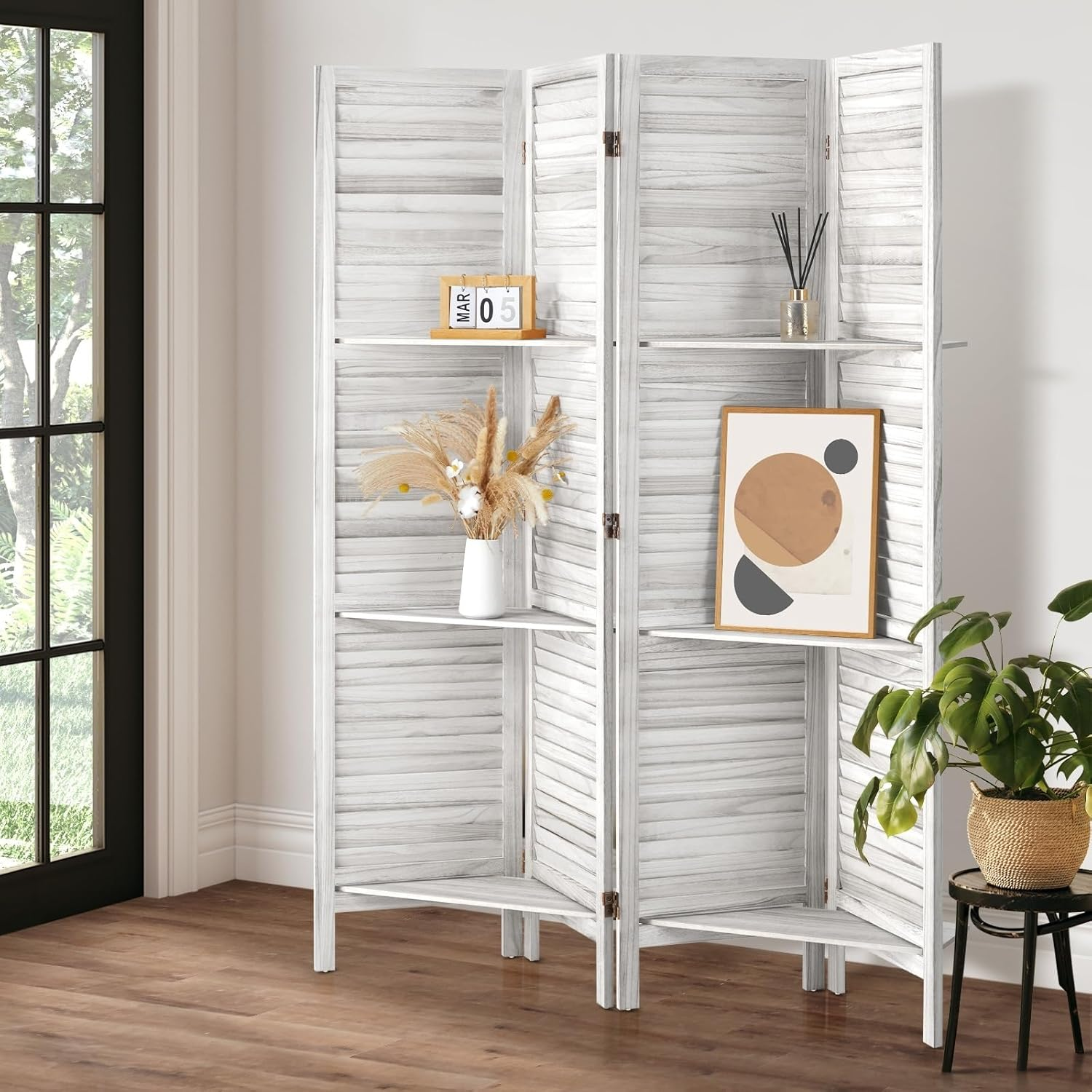 Oikiture Room Divider 4 Panel Privacy Portable Screen with Display Shelves White image number 1