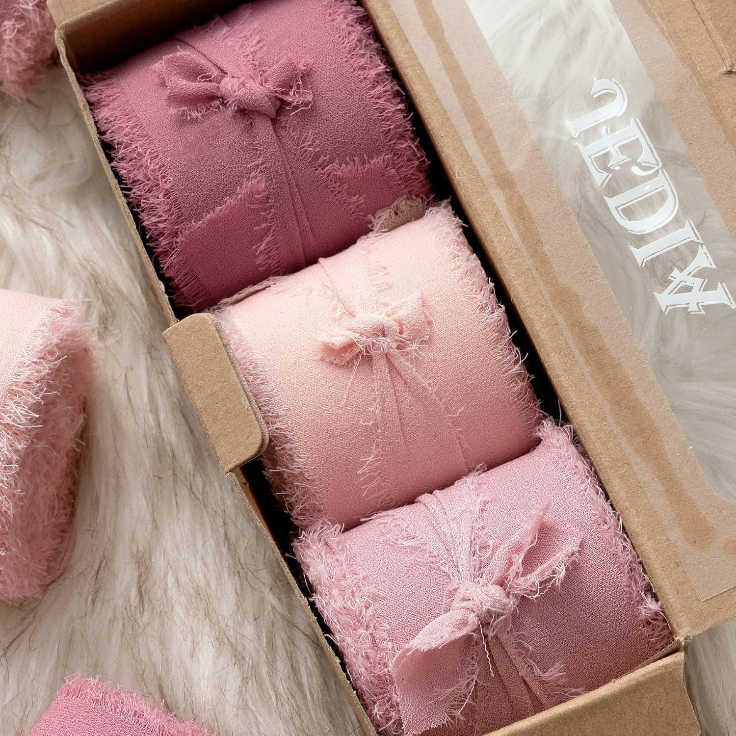 JOWILIN Chiffon Silk Ribbon Fringe, 3 Rolls 1.5" &times; 5.5Yd Handmade Ribbon, Frayed Edges Ribbon for Wedding Invitations Gifts Wrapping DIY Crafts, Bridal Bouquets Party Decorations (Pink) image number 5