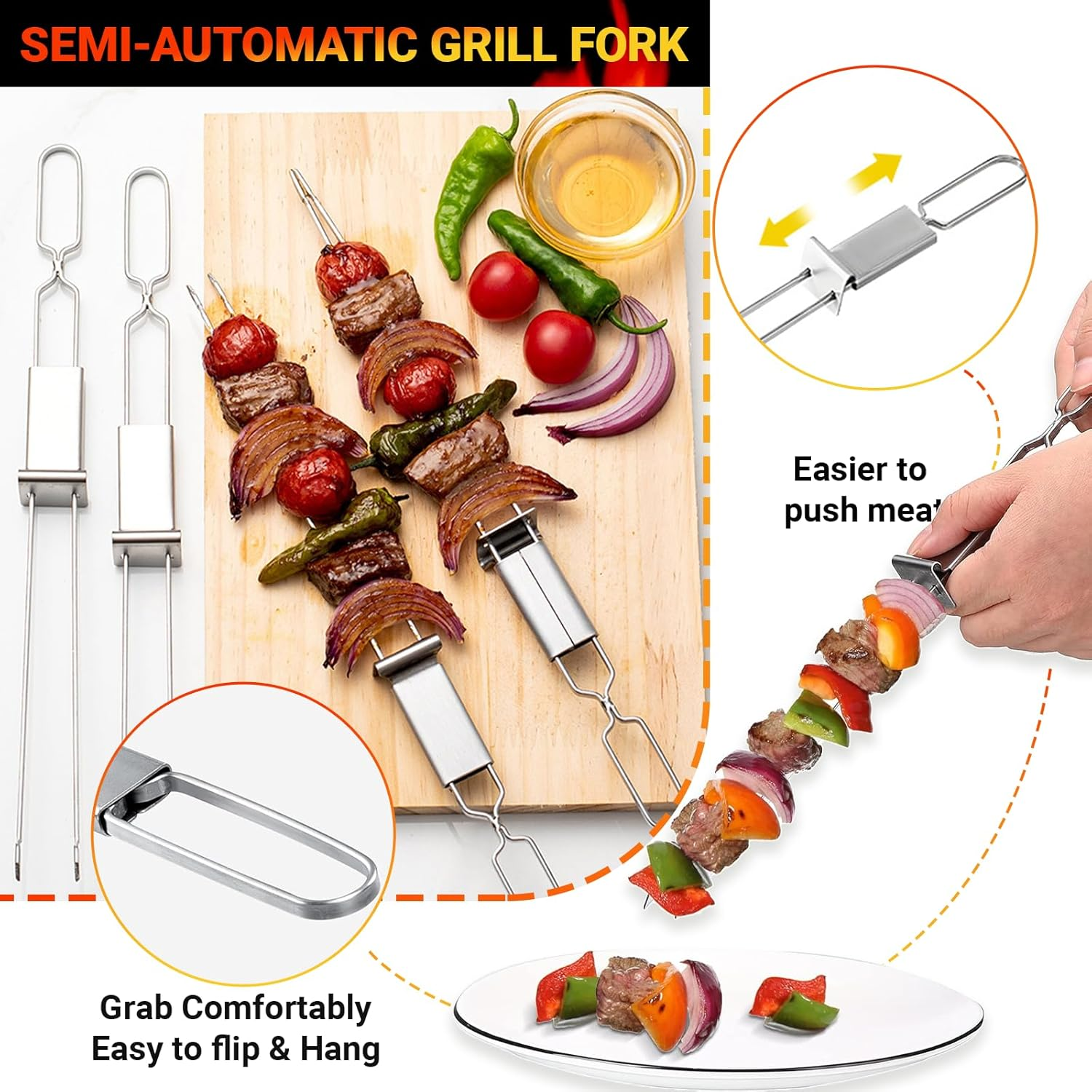 JOWILIN Kabob Skewer for Grilling, 6 Pcs 33CM/13'' Double Pronged Flat BBQ Skewers with Push Bar, Reusable Shish Kebab Skewers, Stainless Steel Kebab Tools for Camping, Barbecue for Meat, Vegetable image number 4