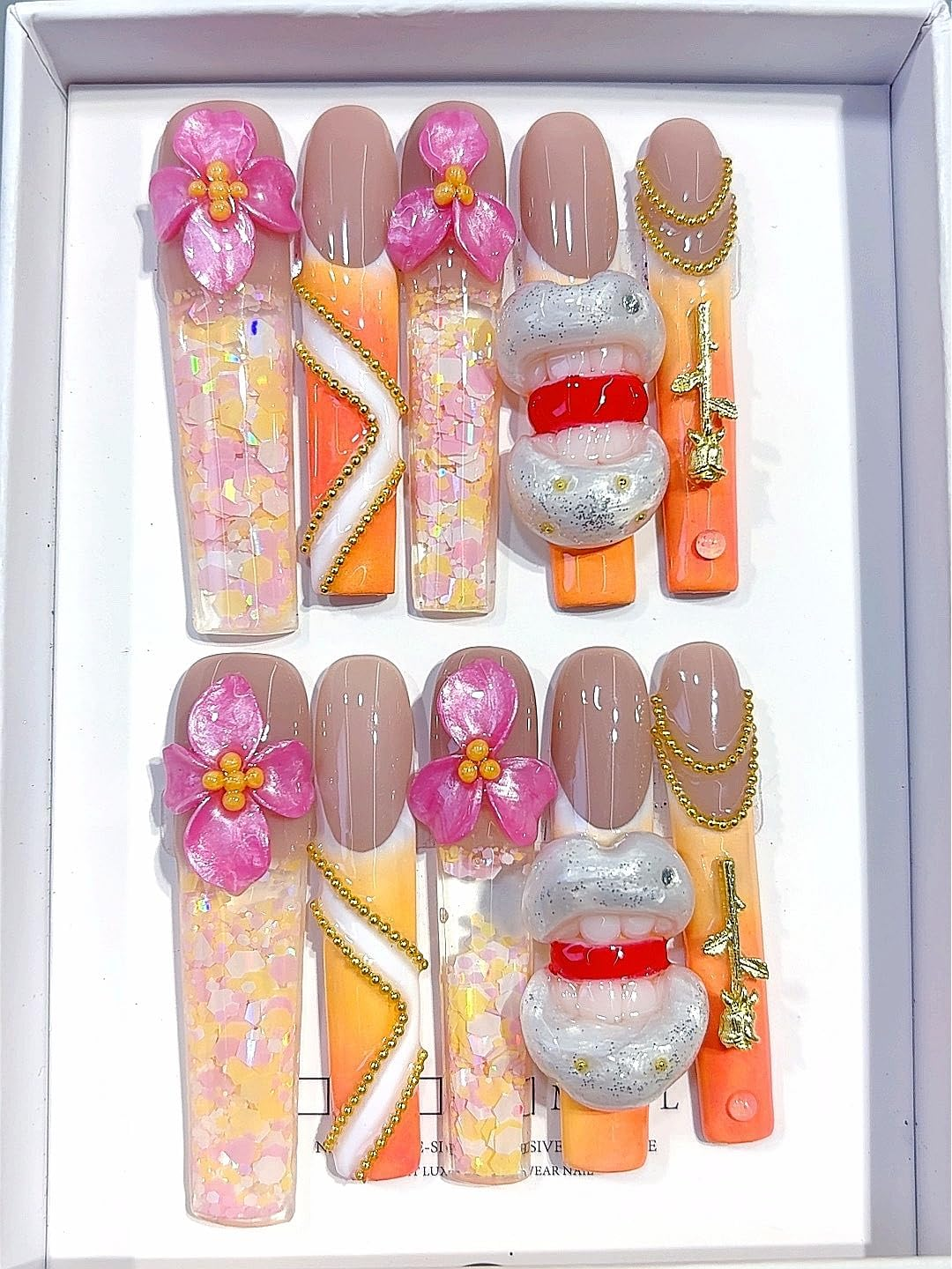 Soft Peach Resin Flow Art Press-On Nails, 3D Floral & Lace Rhinestone Embellished False Nails Set (10 Pcs) (O017, Short) image number 4