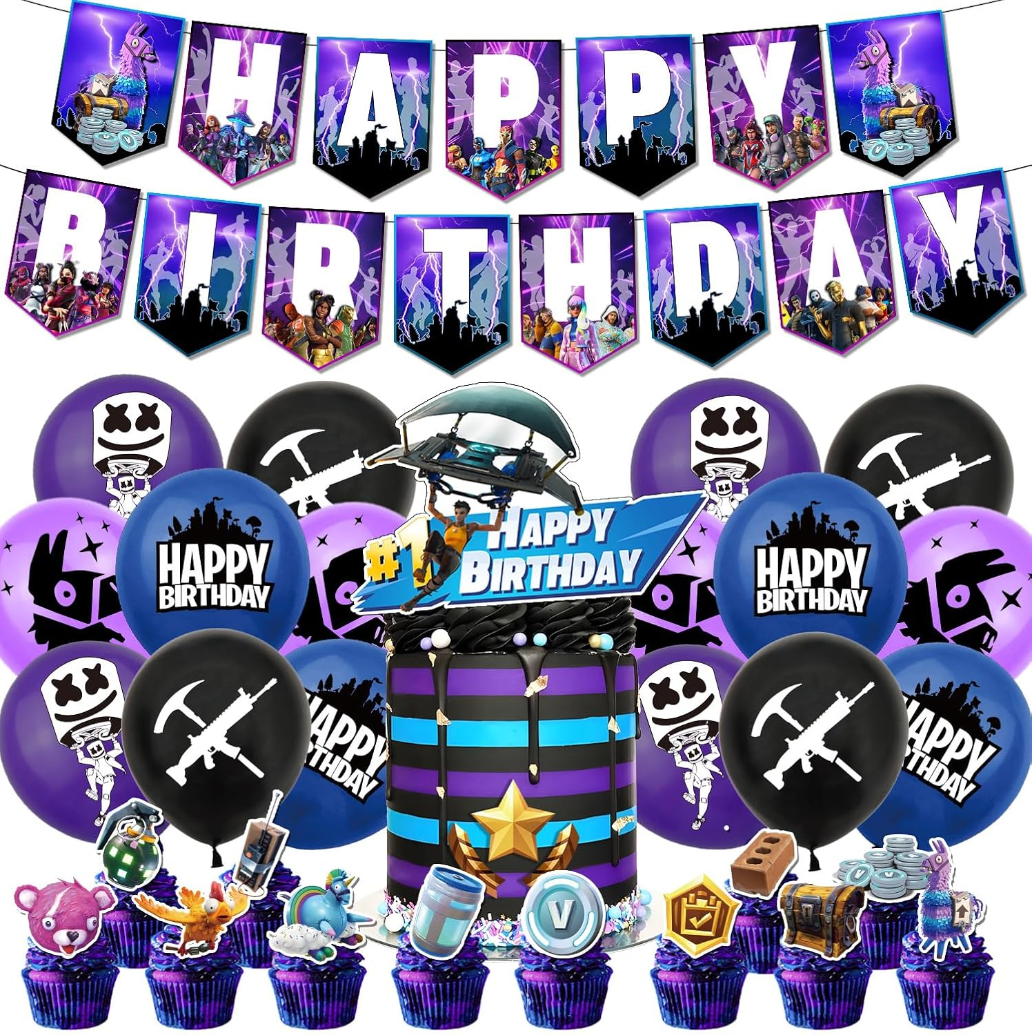 Doyomtoy Game Theme Birthday Cake Decoration Pack, 30 Pieces, Includes 1 Happy Birthday Banner, 16 Latex Balloons, 1 Large Cake Decoration, 12 Small Toppers, Purple, Video Game, Cartoon Pattern