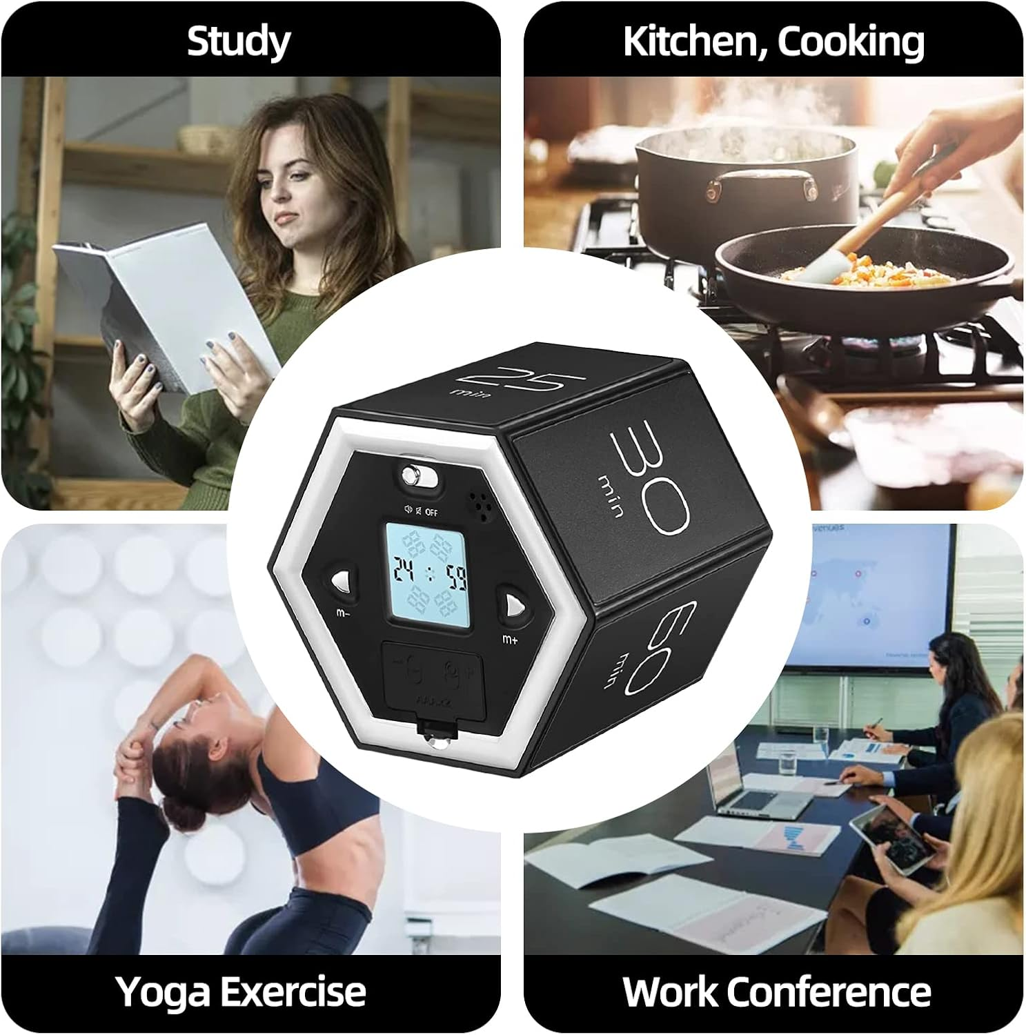 Pomodoro Timer, Hexagonal LED Display Flip Timing Multifunctional Studying Timer, ABS Housing Adjustable Sound Mute Flip Timer for Kitchen (Black) - White image number 2