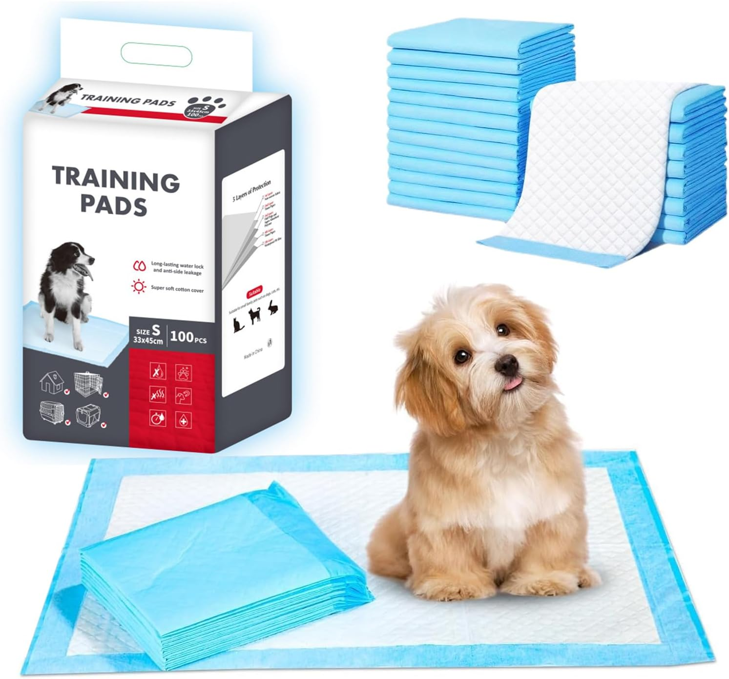 Pack of 100 PIPI Mats for Dogs, 33 X 45 Cm Training Pads, Puppy Toilet Mat, Pee Mat, Training, Leak-Proof 5-Layer Design with Quick Drying Surface for Kittens and Puppies