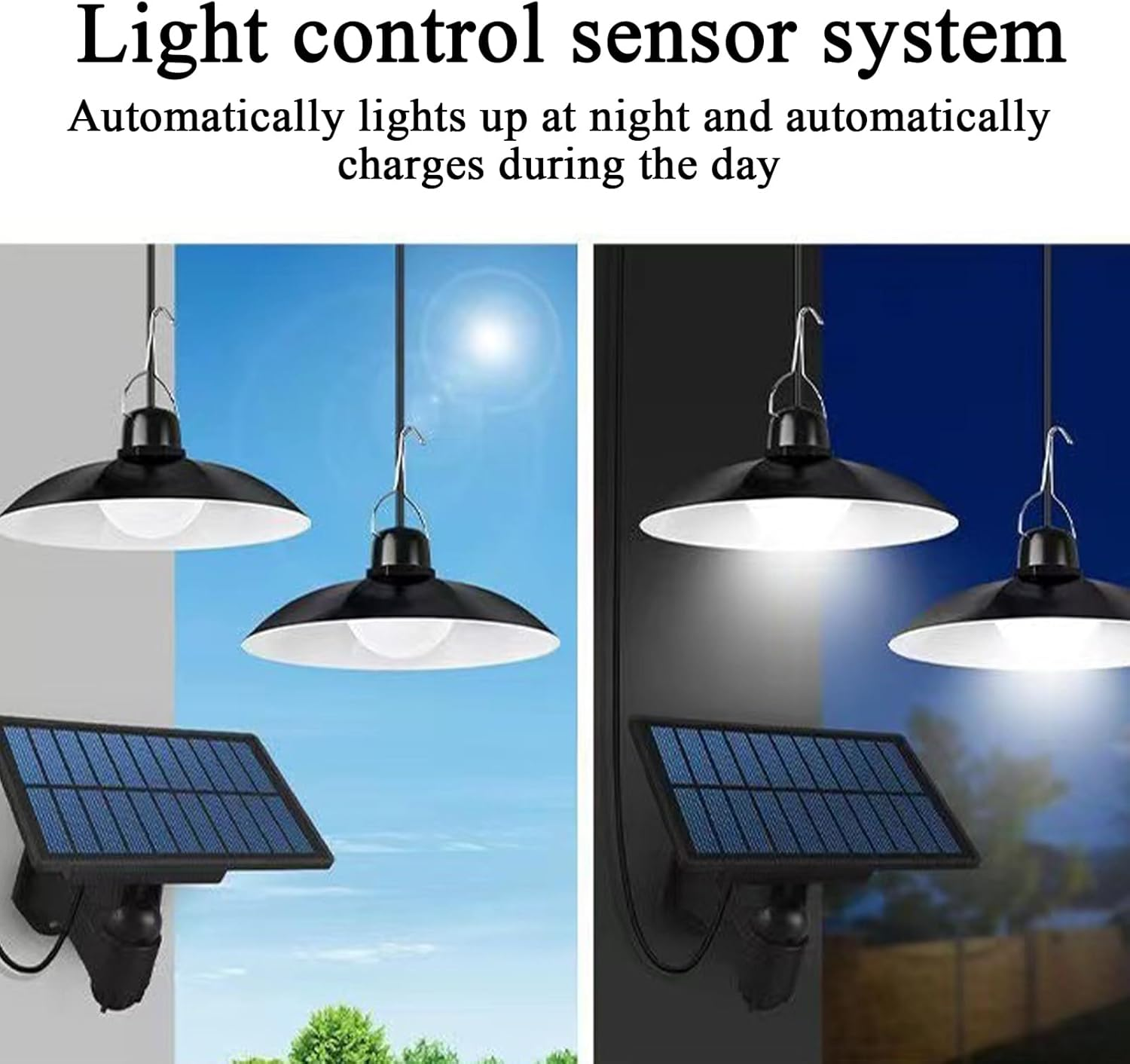 Solar Shed Light, Solar Pendant Lights Outdoor Indoor Garden Lamp, 2 Heads Porch Light, Hanging Chandelier Lights for Home, Barn, Garage, Gazebo Accessories and Decor - 01 image number 3