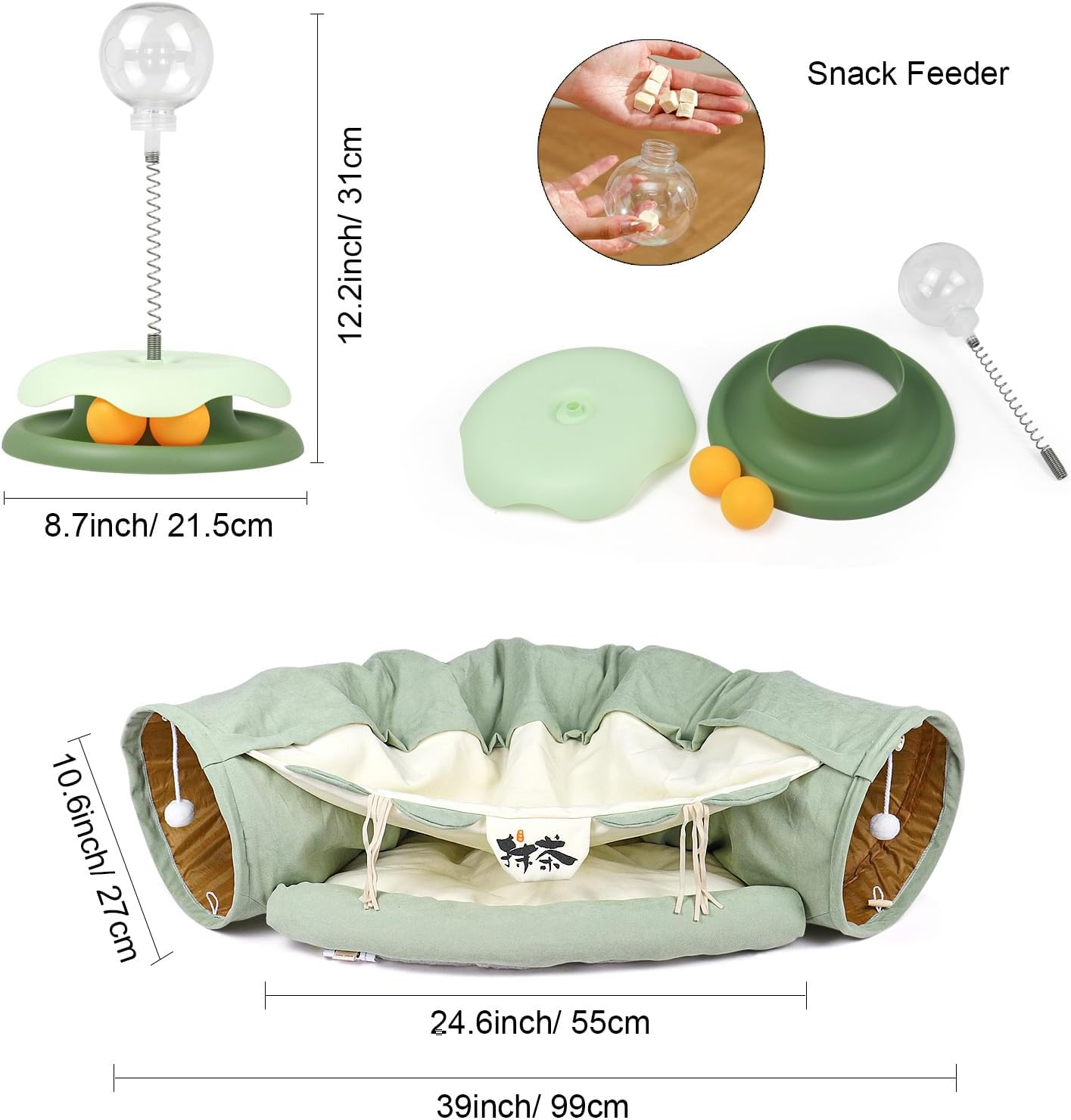 BOMEI Pack Cat Tunnels for Indoor Cats,Collapsible Cat Tunnel Tubes Toys with Removable Mat， 2-In-1 Cat Tunnel Bed with Cat Toys for Cats,Rabbits (Green) image number 3
