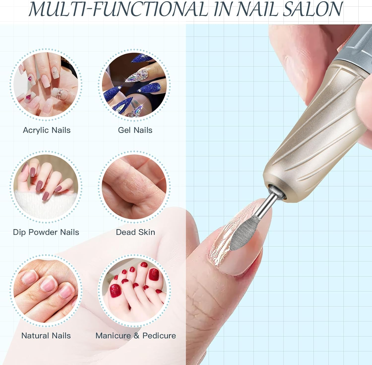 Madenia Rechargeable Electric Nail Drill Professional Portable E File Machine for Acrylic Gel Nails, Cordless Manicure Pedicure Polishing Tools, Blue image number 3