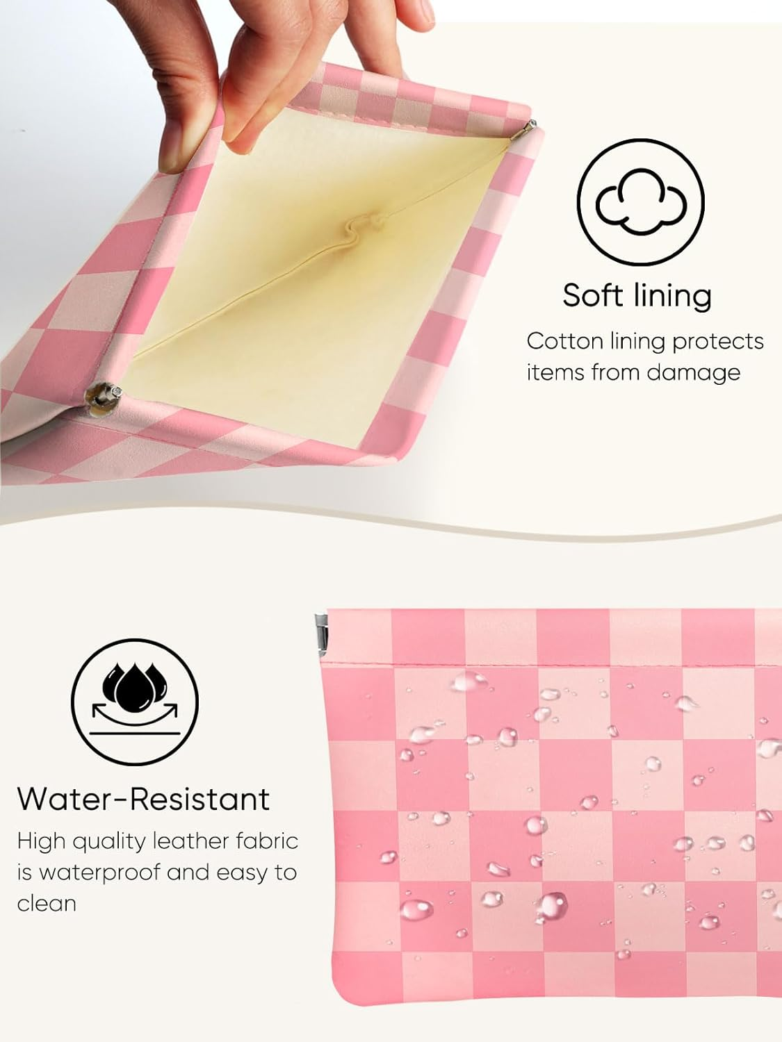 Ksriylm Rose Pink Checkered PU Leather Makeup Pouch Set for Women Cute Check Pattern Small Make up Bag for Purse Waterproof Initial Plaid Makeup Cosmetic Bags Pouches for Purse Travel Toiletry Bag - Brown image number 4