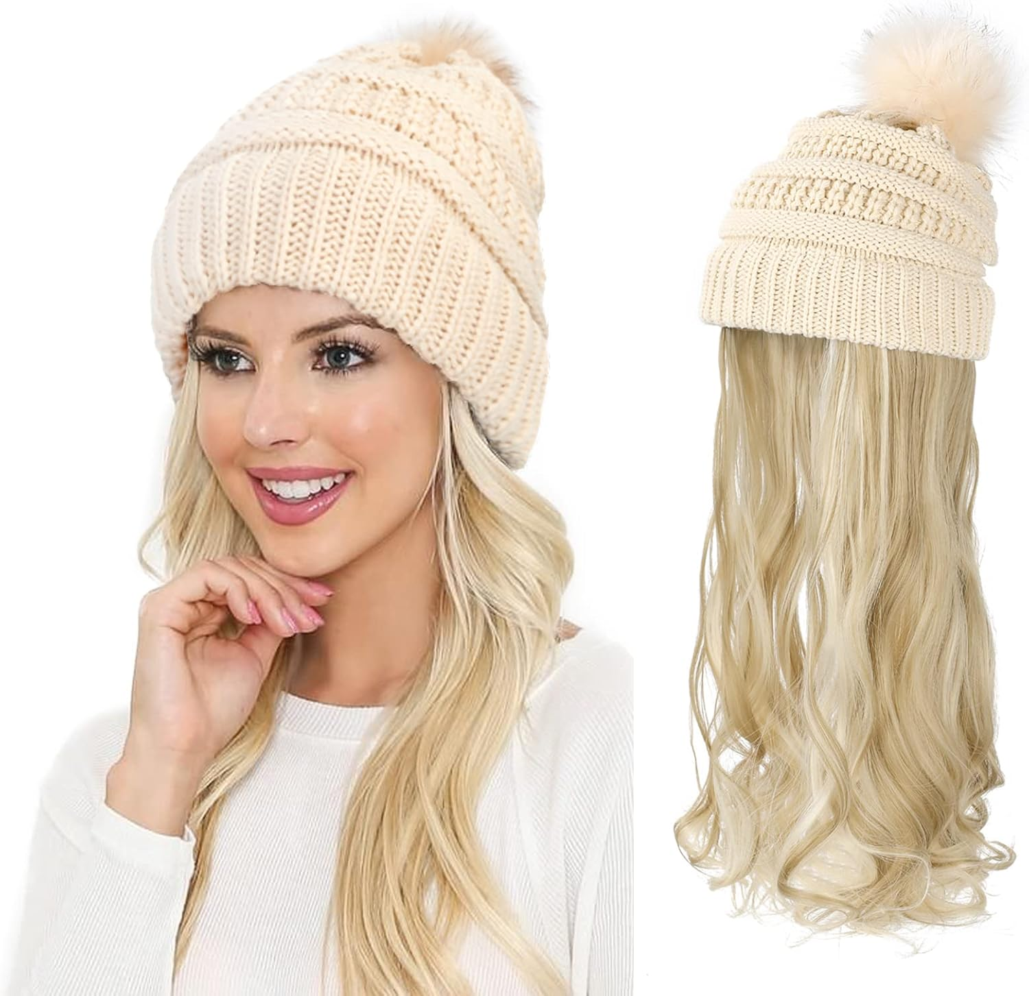 Aynnqueen Beanie with Hair Attached for Women Slouchy Cable Hat Wig Knit Beanie Winter Hat with 20" Removable Hair Extensions