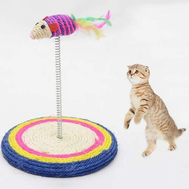 Pet Toys Colorful Pet Cat Playing Toys Sisal Spring Seat Cat Scratch Board with Mouse, Board Diameter: 19Cm Pet Toys image number 1