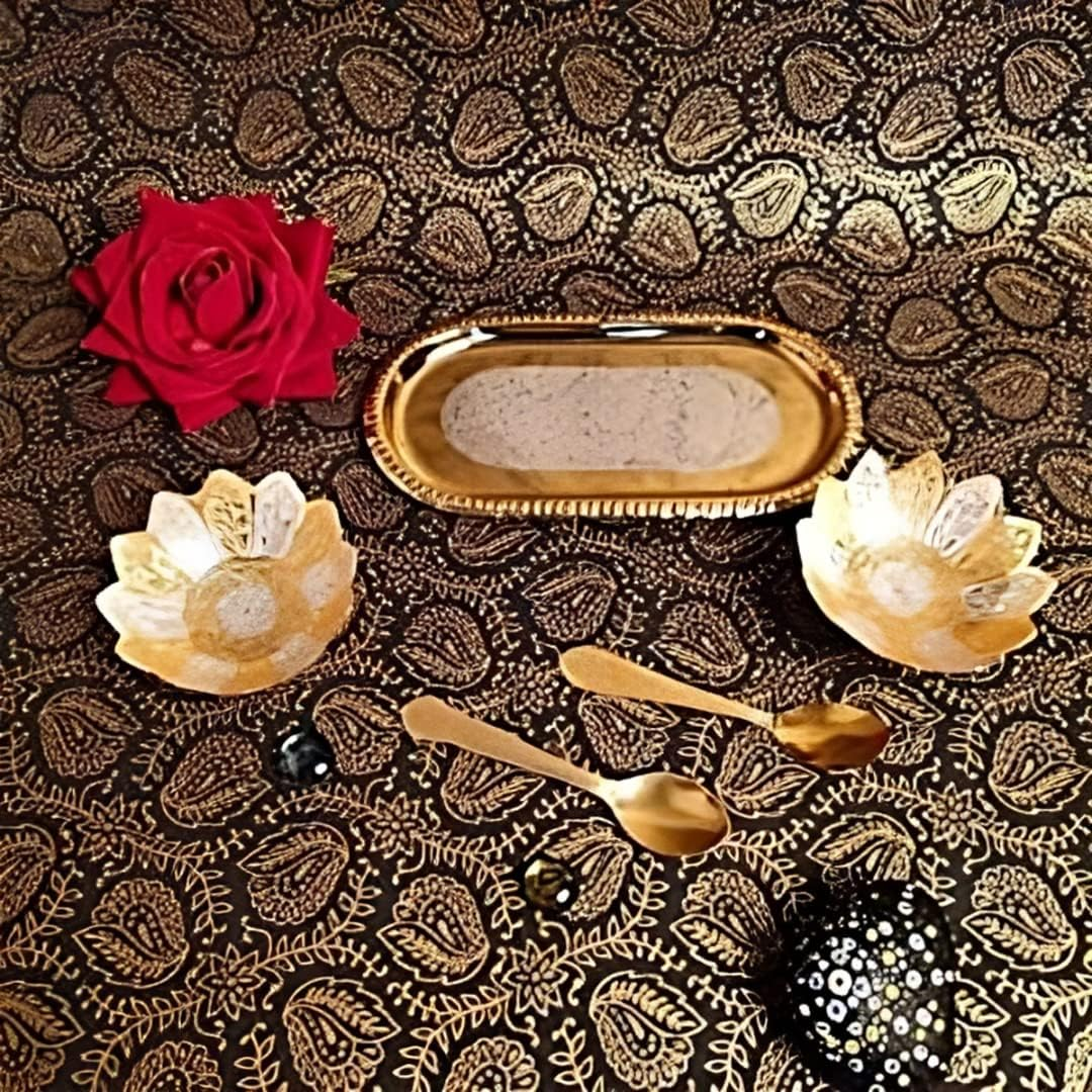 Garden of Arts Fancy Metal Gold and Silver Plated Floral Flower Shape 5 Pieces Set 2 Bowls 2 Spoons 1 Tray in Red Velvet Box Ideal for Dryfruits Party Prop Also Known as Pandan image number 2