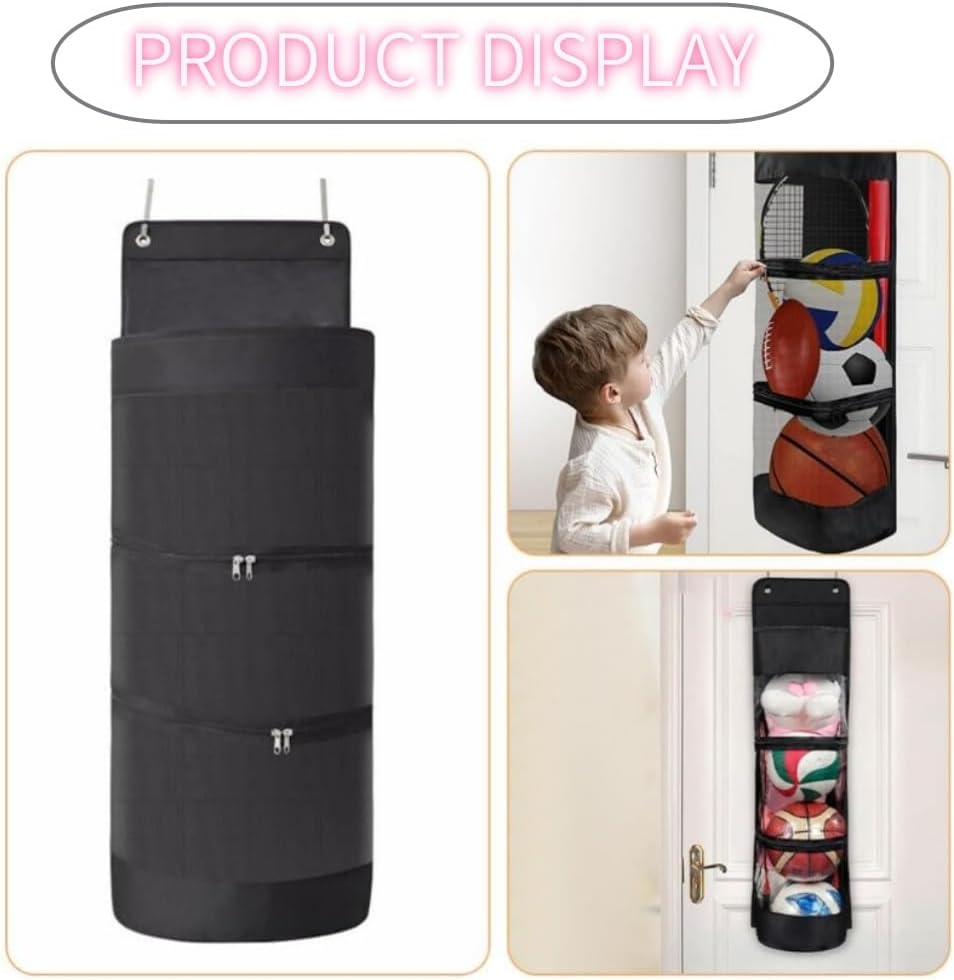 Goxfaca Hanging Organizer, over Door Storage Organizer, Hanging Sports Equipment Organizer, Sports Accessories Hanging Bag for Hold Soccer, Basketball, Football, Volleyball (Black) image number 4