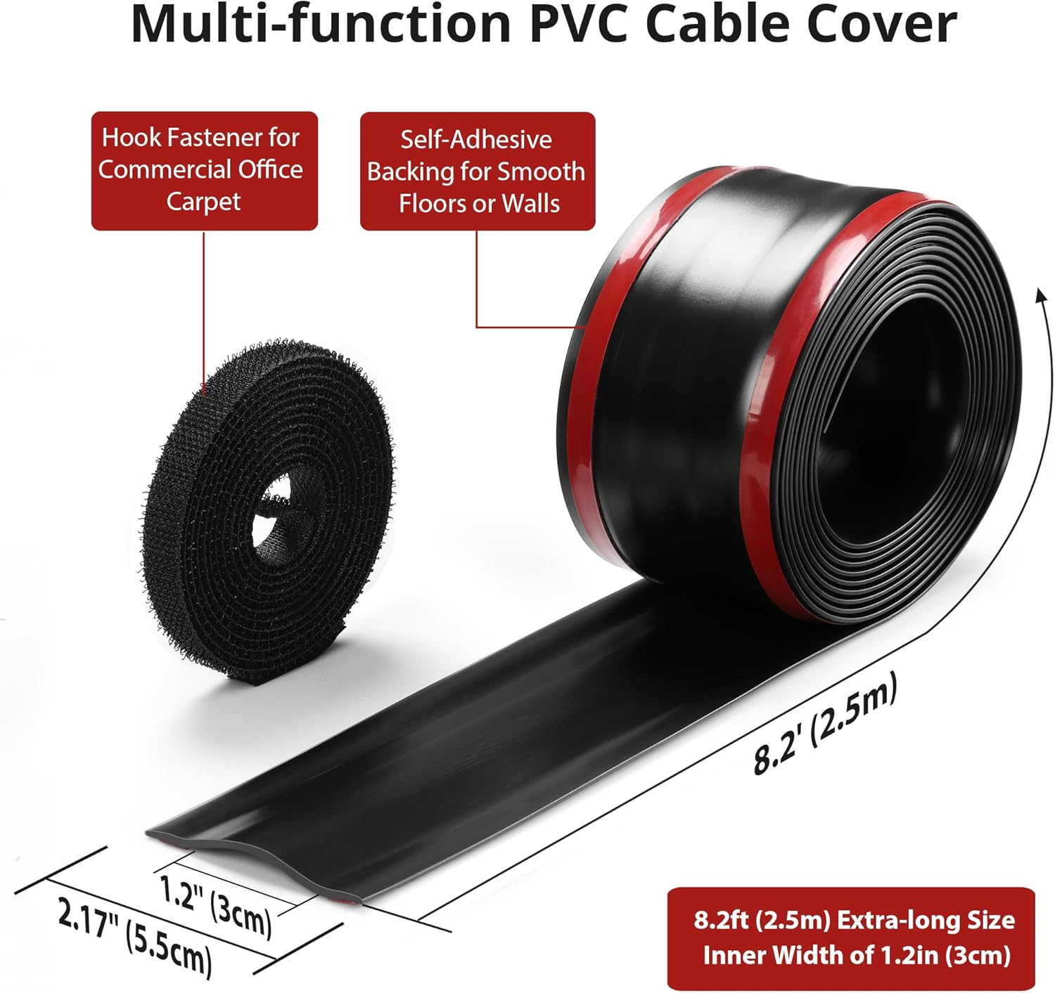 8.2Ft Cord Cover Floor, PVC Cord Covers for Wires on Floor, Soft Floor Cable Cover Cord Hider, Floor Cable Management Cable Protector for Commercial Office Carpet/Floors/Wall Black image number 2