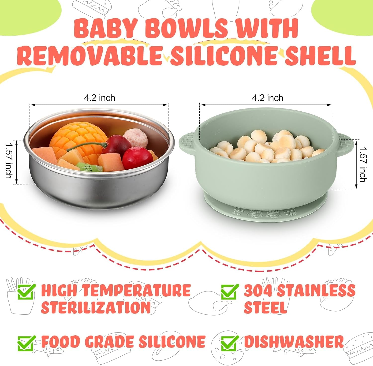 Nuogo 6 Pcs Stainless Steel Baby Bowls with Removable Silicone Shell 304 Toddler Bowls Kids anti Scald Snack Container for Food Feeding, Dishwasher Safe(Vivid Color,Suction-A) image number 6