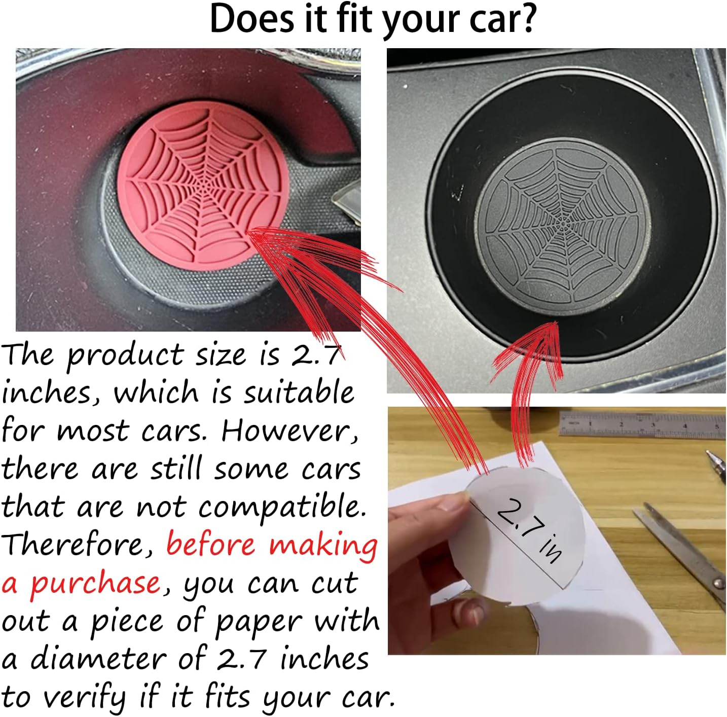 Car Cup Holder Coaster, 2 Pack Universal Auto anti Slip Cup Holder Insert Ornaments Coaster, Durable, Suitable for Most Car Interior Accessories (Red-Spider Web-2Pack)