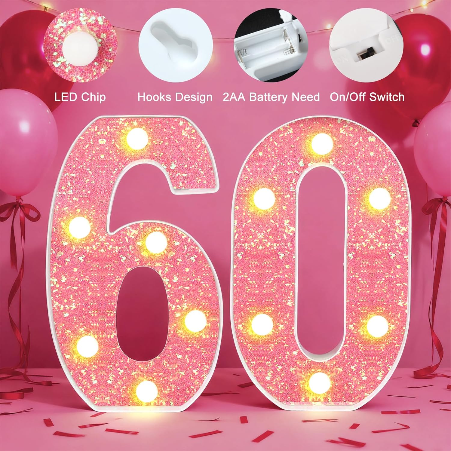 60Th Birthday Decorations LED Light up Numbers, Pink Marquee Lights Number 60 Sign for Girls Birthday Party Anniversary Home Decor image number 3