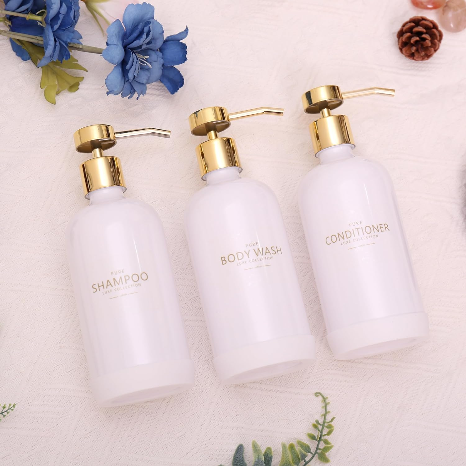 Janxin Shampoo and Conditioner Dispenser Set of 3,Refillable 21Oz Shampoo Bottles with Non-Slip Protective Silicone Pad,Shower Soap Dispenser with Waterproof Labels for Bathroom (White) image number 1