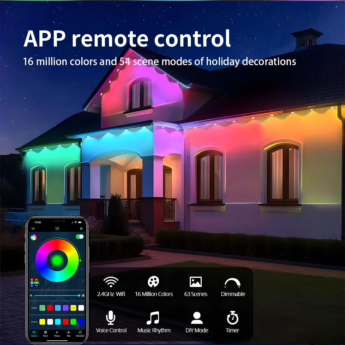 Permanent Outdoor Lights - 49Ft Smart RGB Outdoor Lights, Strips Waterproof Outdoor IP68 outside LED Eaves Lights with App Control,Music Sync Strip Lights for Eave, Roof, Party,Garde,Room Decor image number 4