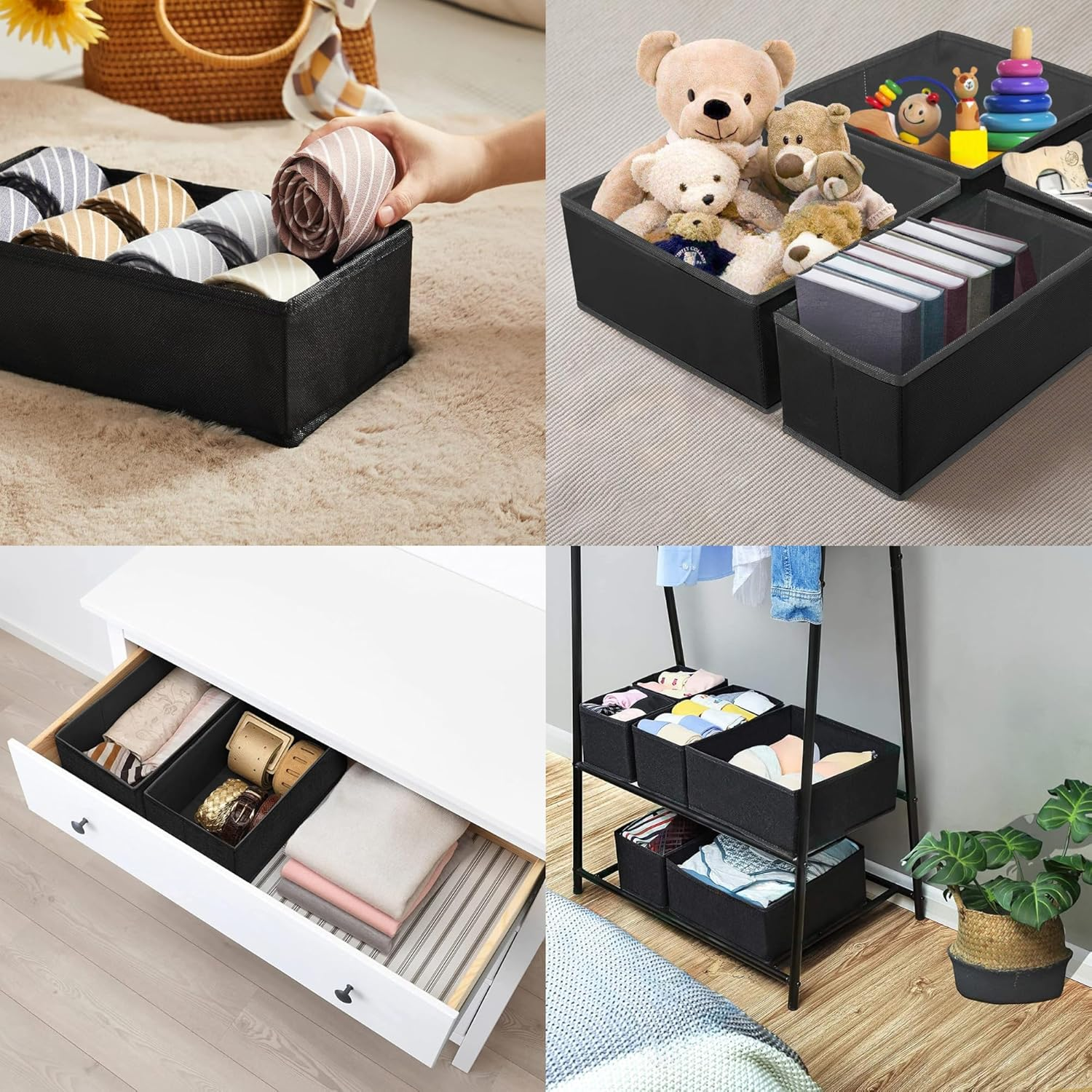 Okam Clothes Drawer Organiser Set of 8 - Underwear/Bra/Sock Organiser with Bonus Shoe Bag - Versatile Organisers for Drawers - Tidy Storage Solution for Bedroom - Foldable Design - Black image number 5