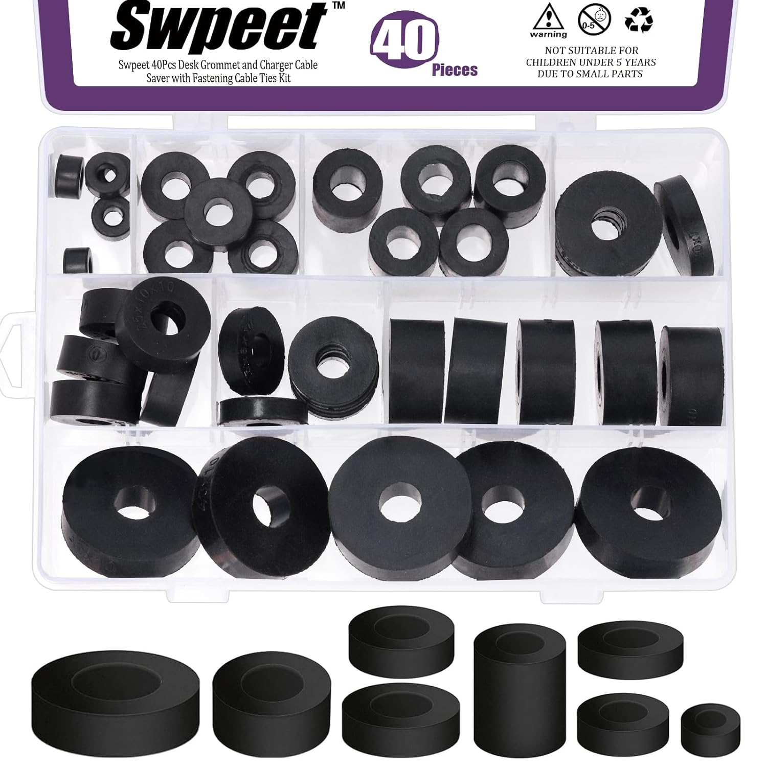 Swpeet 40Pcs 8 Sizes round Rubber Spacer Assortment Kit, 6/7/8/10/15/20Mm anti Vibration Black Rubber Washers Kit, Neoprene Spacer Multi Purpose Thick Rubber Grommets for Home and Car Accessories image number 5