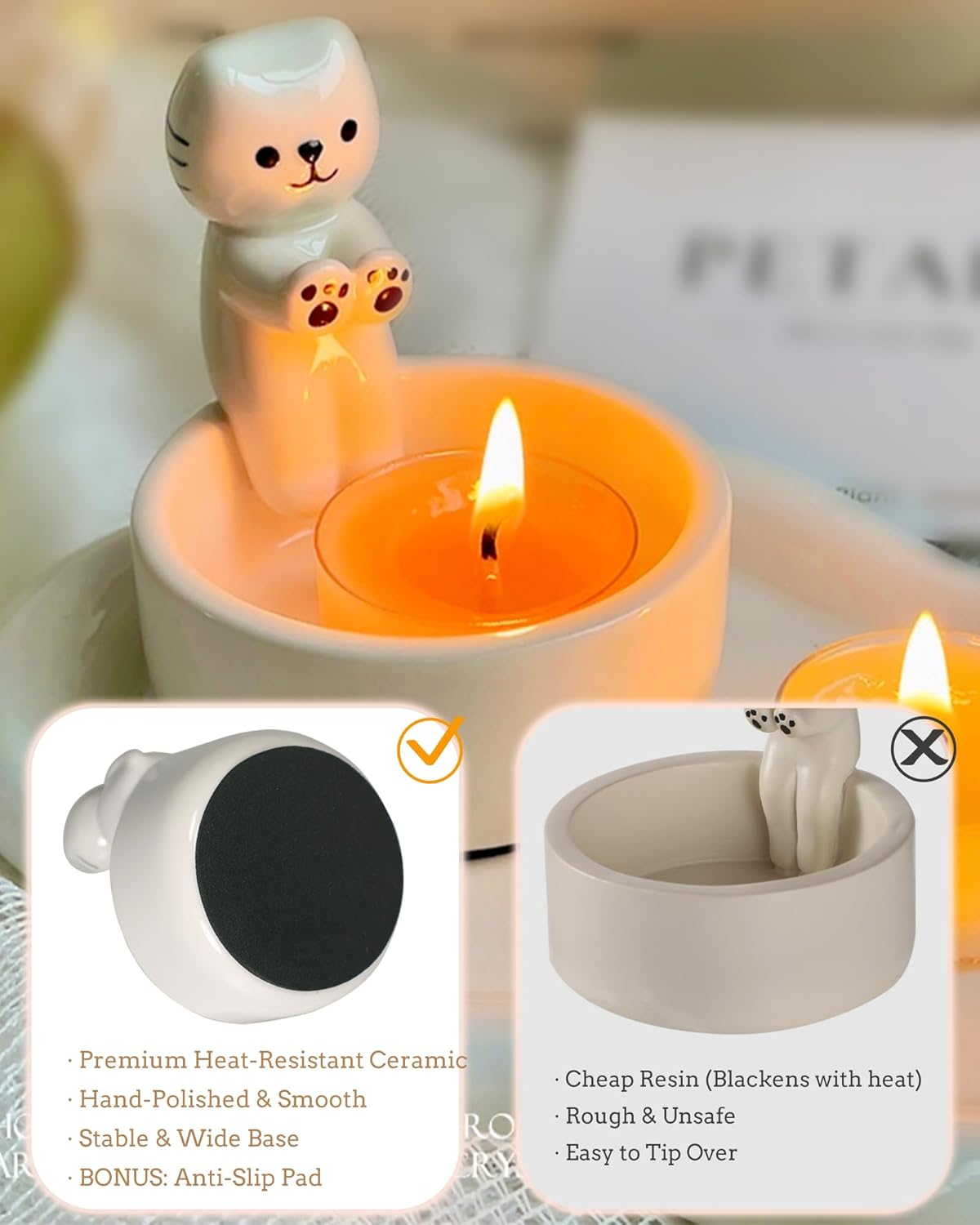 Antexpanse Ceramic Cat Candle Holder Set, Cute Kitten Warming Paws Tealight Holder with Scented Candle & Bonus Keychain, Unique Gifts for Cat Lovers & Women, Adorable Home & Room D&eacute;cor image number 6
