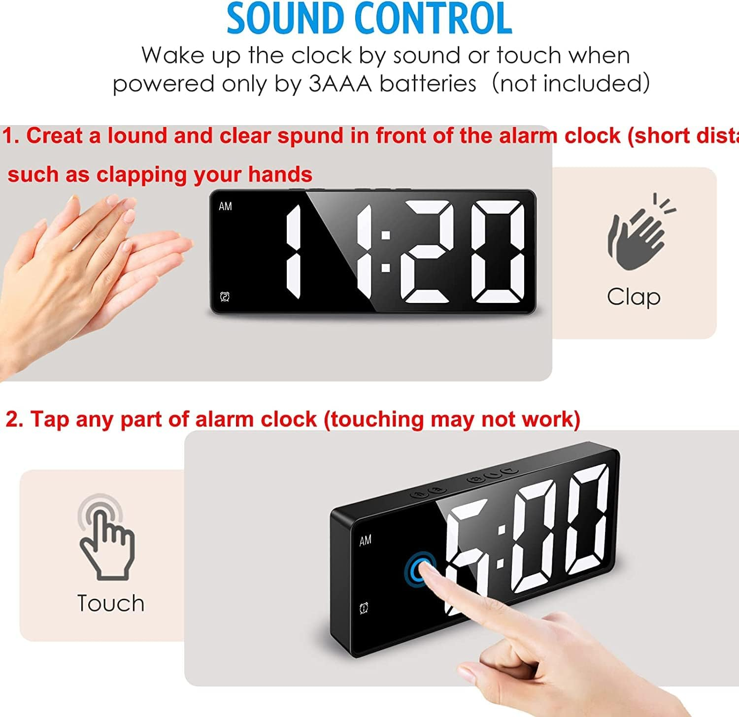 AMIR [New Version] Digital Alarm Clock, LED Alarm Clock for Bedroom, Electronic Desktop Clock with Temperature Display, Voice Control, 12/24H, Small Clock for Bedroom Decor - White image number 6