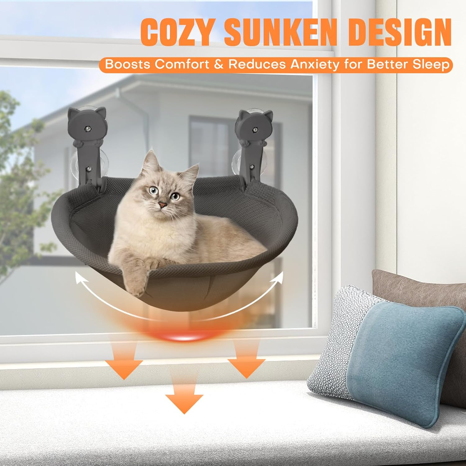 Homegroove Cat Window Perch, 18 X 12 Inch Foldable Cat Hammock for Window with Sturdy Metal Frame, Breathable Cordless Window Bed for Resting Seat for Indoor Cats (Black, 45 X 30 CM) image number 2