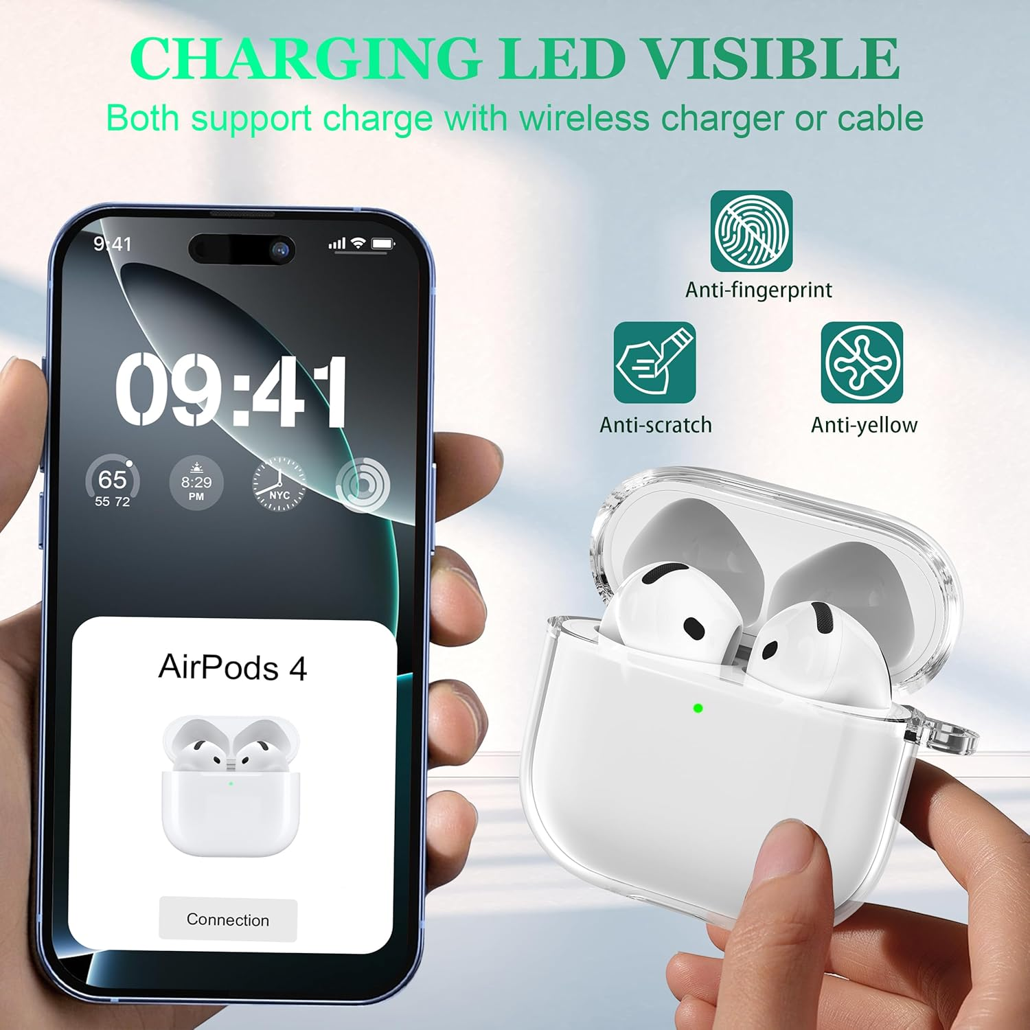 MHYALUDO for Airpods 4Th Generation Case Cover 2024, Military-Grade Shockproof, Soft TPU Highly Transparent Anti-Yellowing for Airpods 4 Case with Cleaning Kit & Cute round Buckle, Clear White image number 6