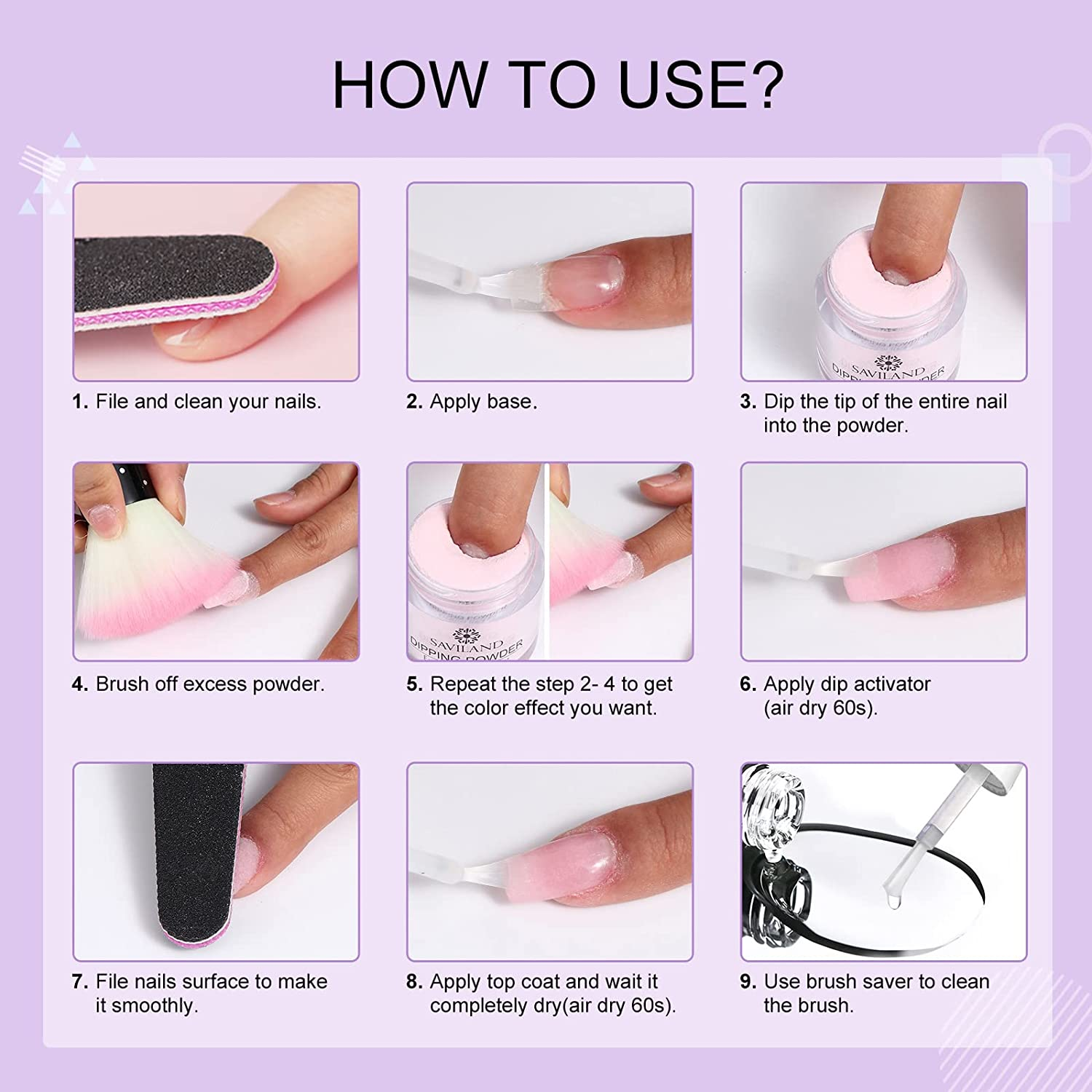 SAVILAND Dip Powder Liquid Set: 20 Ml Ultimate Nail Dip System Essentials Liquid Large Capacity Dipping Base Activator Top Coat Brush Saver No Curing Needed for DIY Home Manicure image number 5