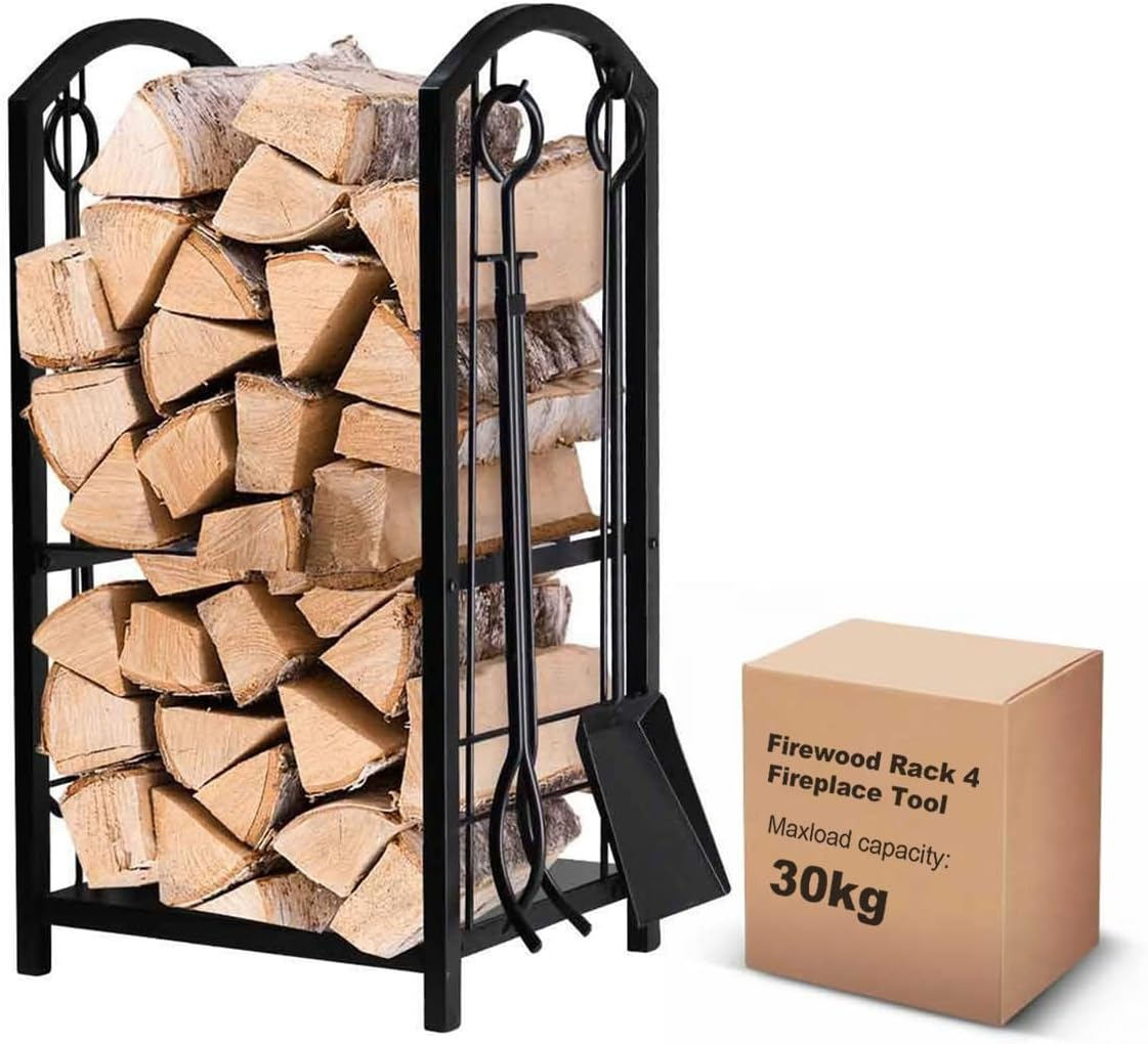 Firewood Rack with 4 Tools Set - Heavy Duty Steel Log Holder Includes Poker, Brush, Shovel & Tongs | Rust-Resistant Indoor/Outdoor Use (73Cm X 30Cm X 45Cm) image number 5