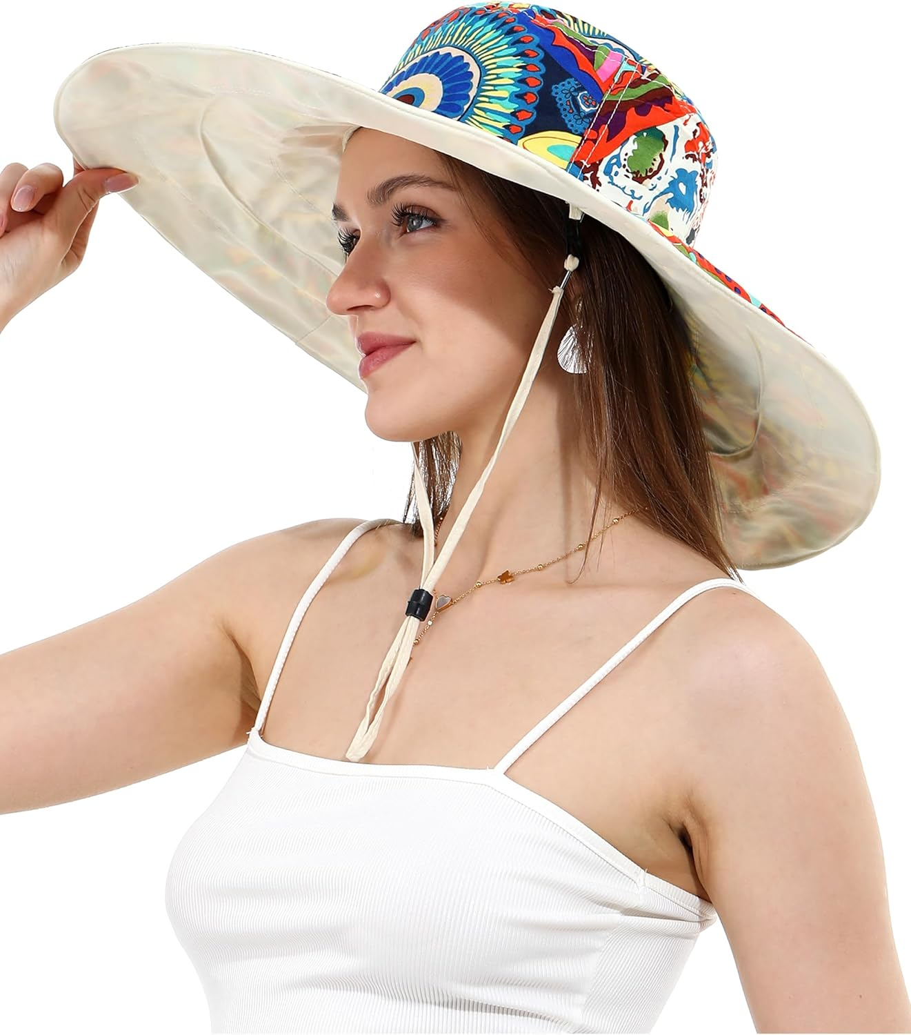 Womens Wide Brim Sun Hat Reversible Print UV Protection Oversized Beach Cap Travel UPF 50+