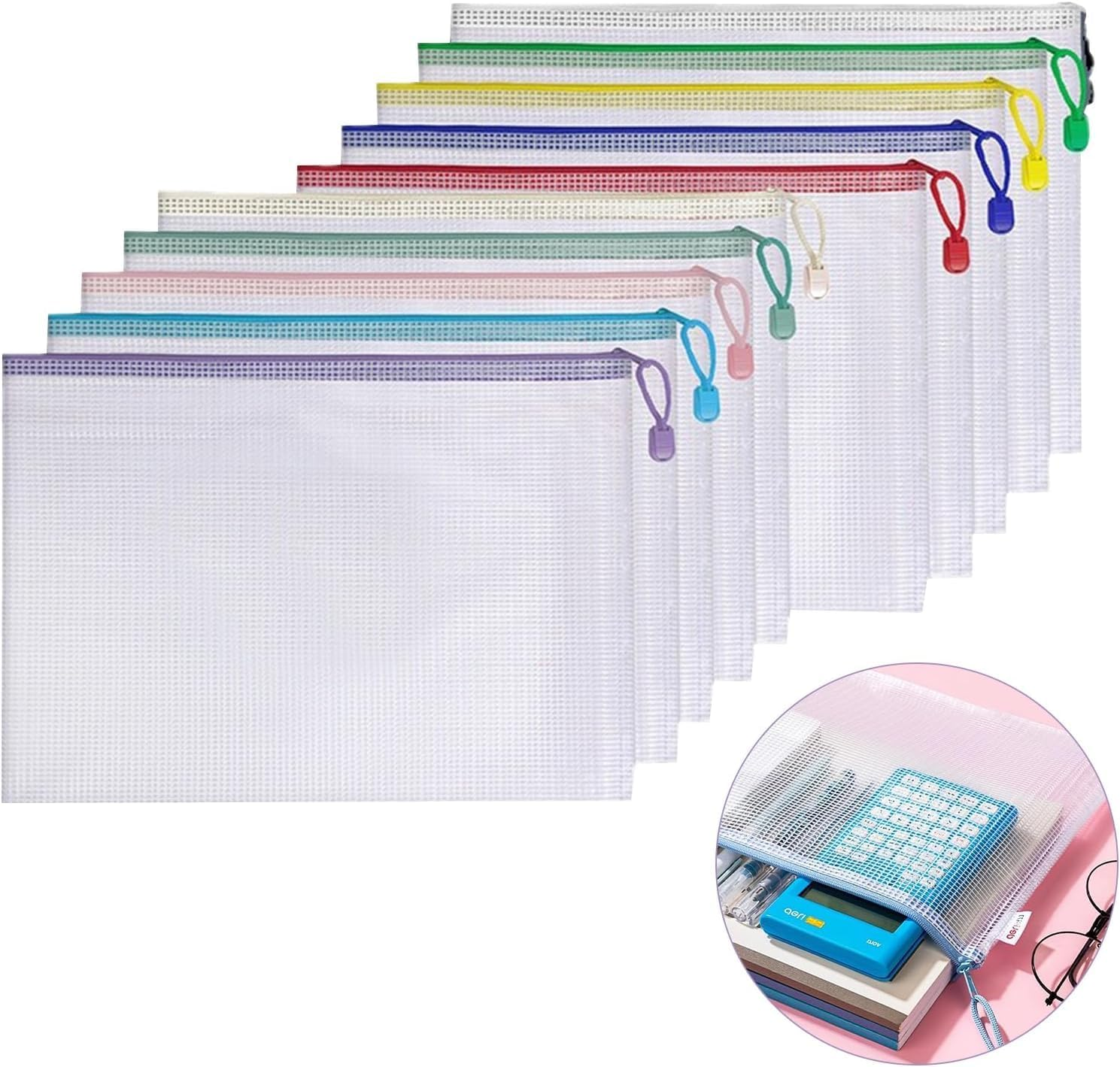 Homiliky 10 Pack A4 Plastic Wallets Document Wallets, Multicolor Zipper Folder, Zip Document Bags, Test Papers, Slips, Invoices, Homework Storage Bags, for Office School Home Travel, 10 Colors image number 3