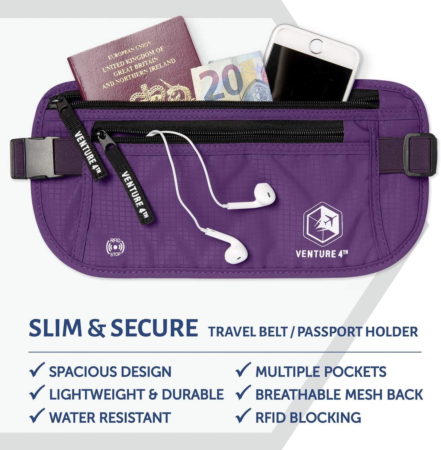 VENTURE 4TH Money Belt - Slim Passport Holder RFID Blocking Pouch to Protect Cash, Credit Cards and Travel Documents image number 5
