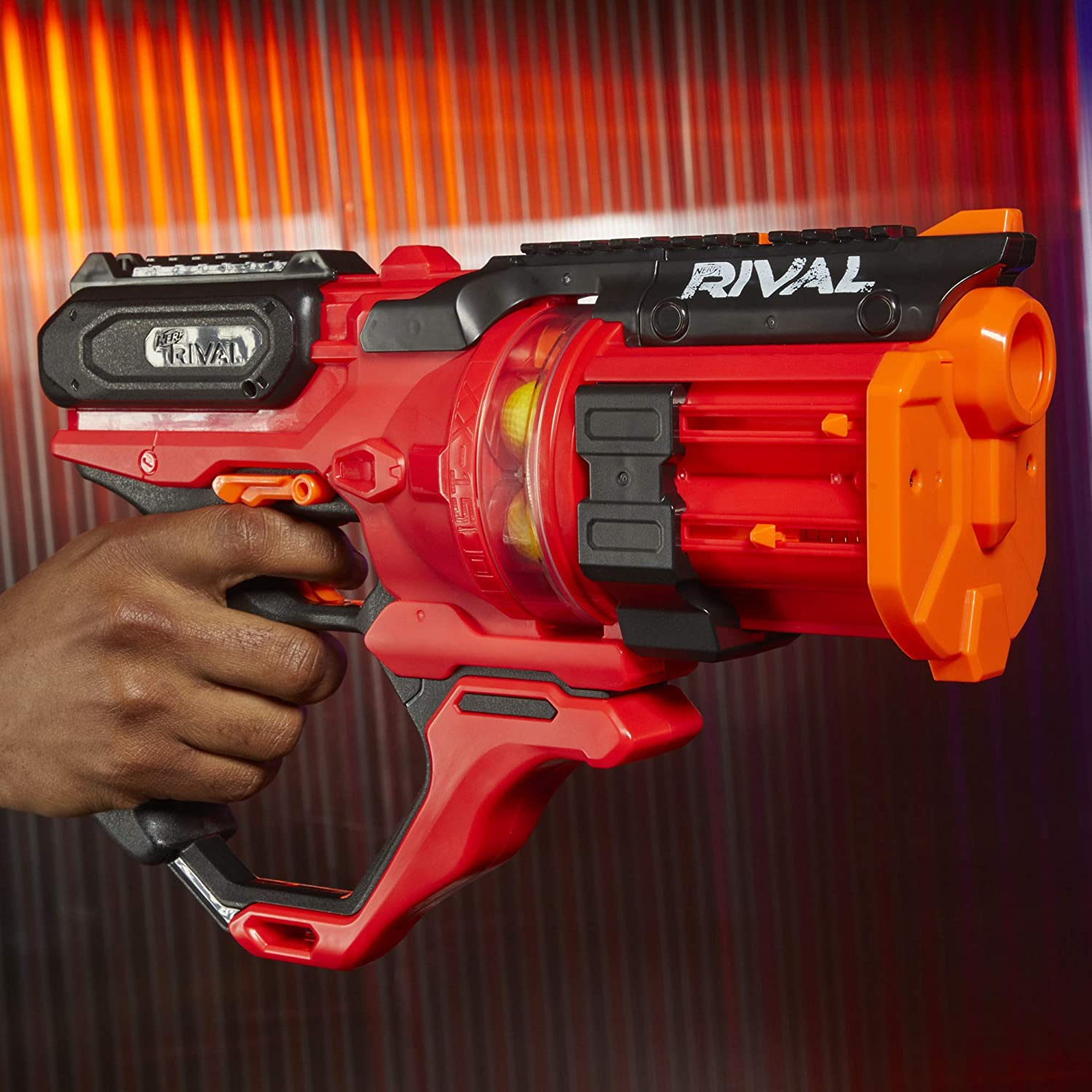 NERF E6638UF1 Rival Roundhouse XX-1500 Red Blaster - Clear Rotating Chamber Loads Rounds into Barrel - 5 Integrated Magazines, 15 Nerf Rival Rounds image number 6
