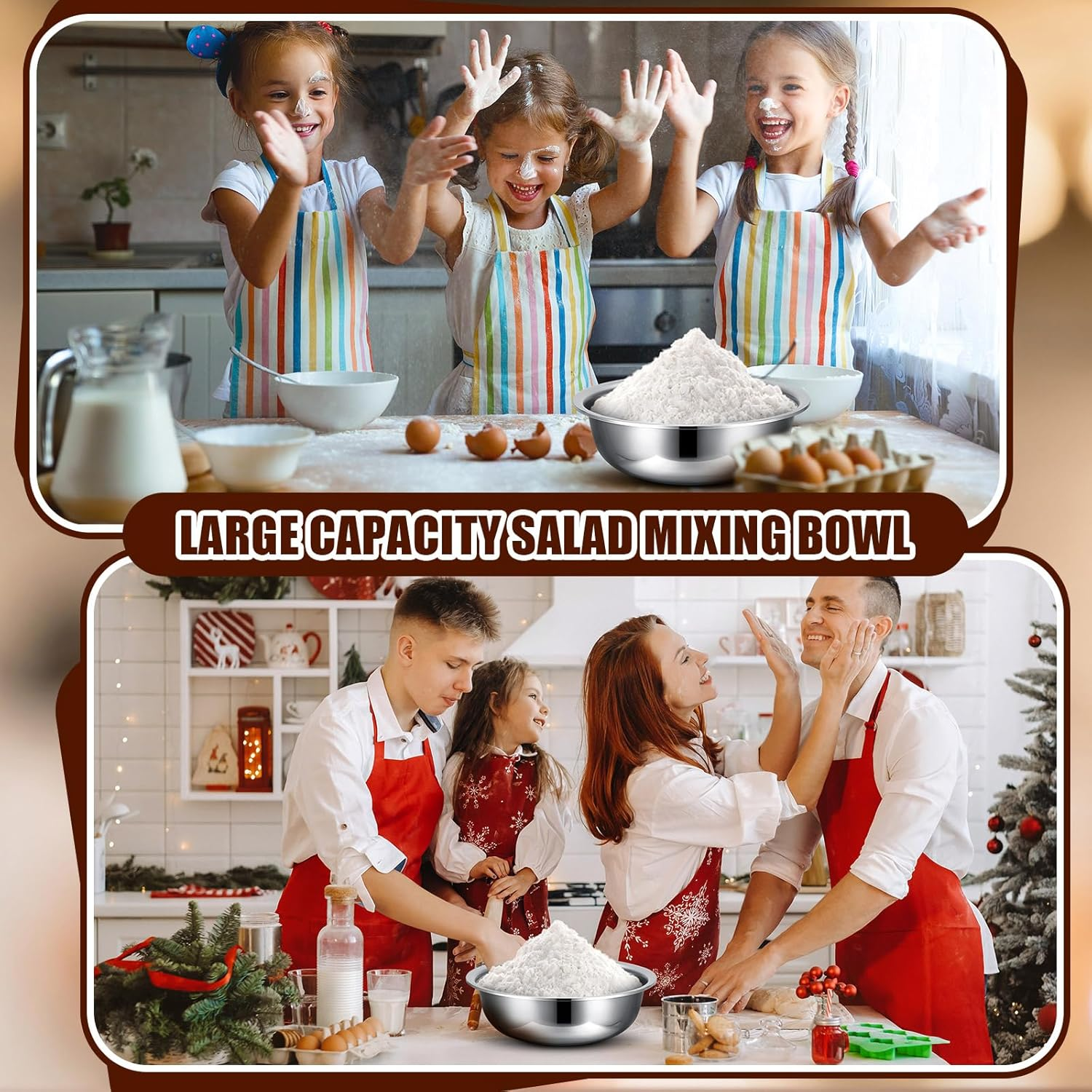 Nuogo 4 Pcs Stainless Steel Mixing Bowls Metal Mixing Bowls Extra Large Basin Salad Basin Deeper Edge Dishwasher Safe Mirror Finish for Home and Commercial, Silver (13 Inch 8 Qt) image number 3