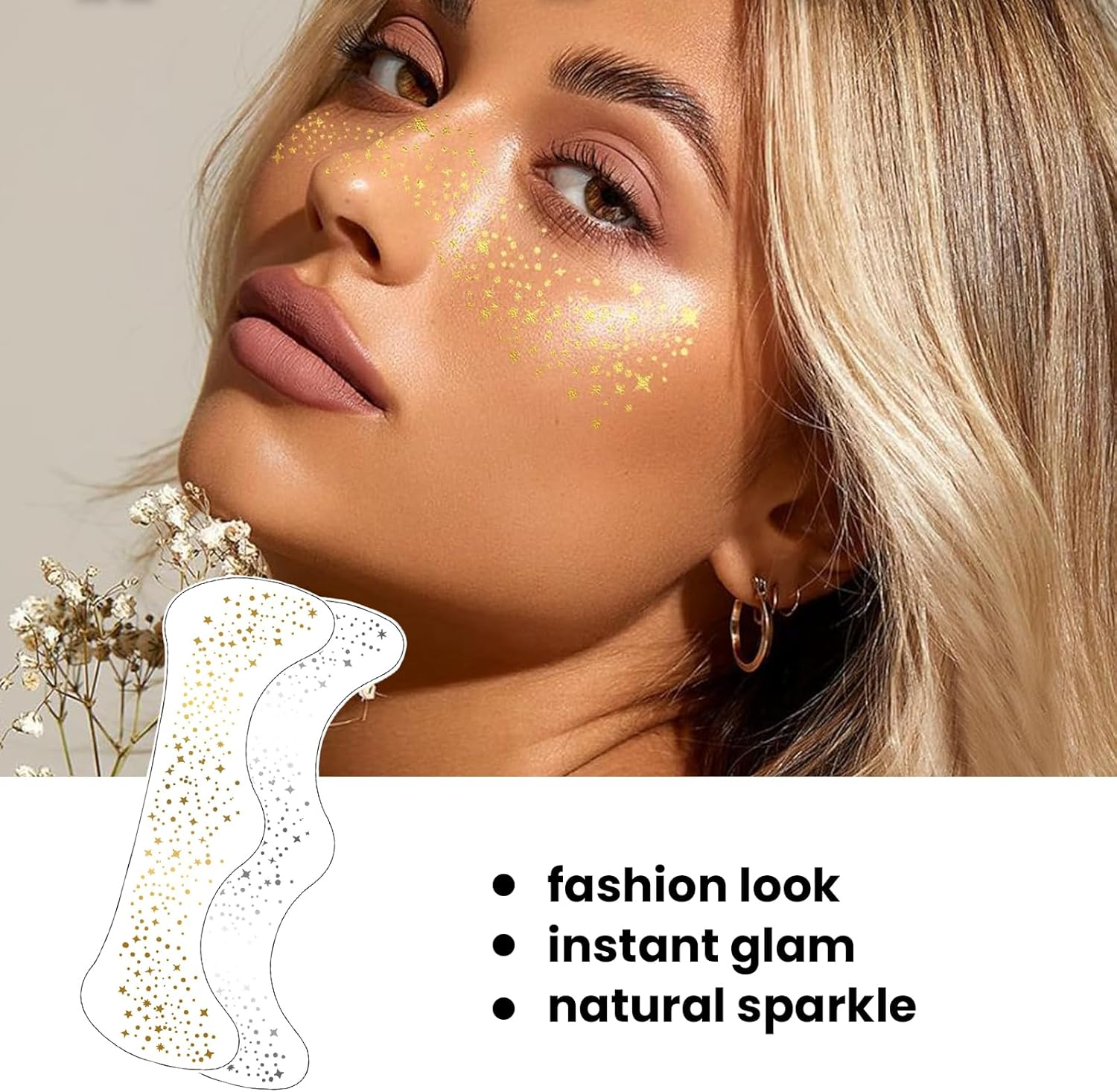 Agwenkui 10Pcs Glitter Freckles Face Tattoo - Natural-Looking Speckles Makeup Patches Freckles Tattoo with Speckles Patches for Face Makeup Glitter Designs (Gold Silver) image number 5