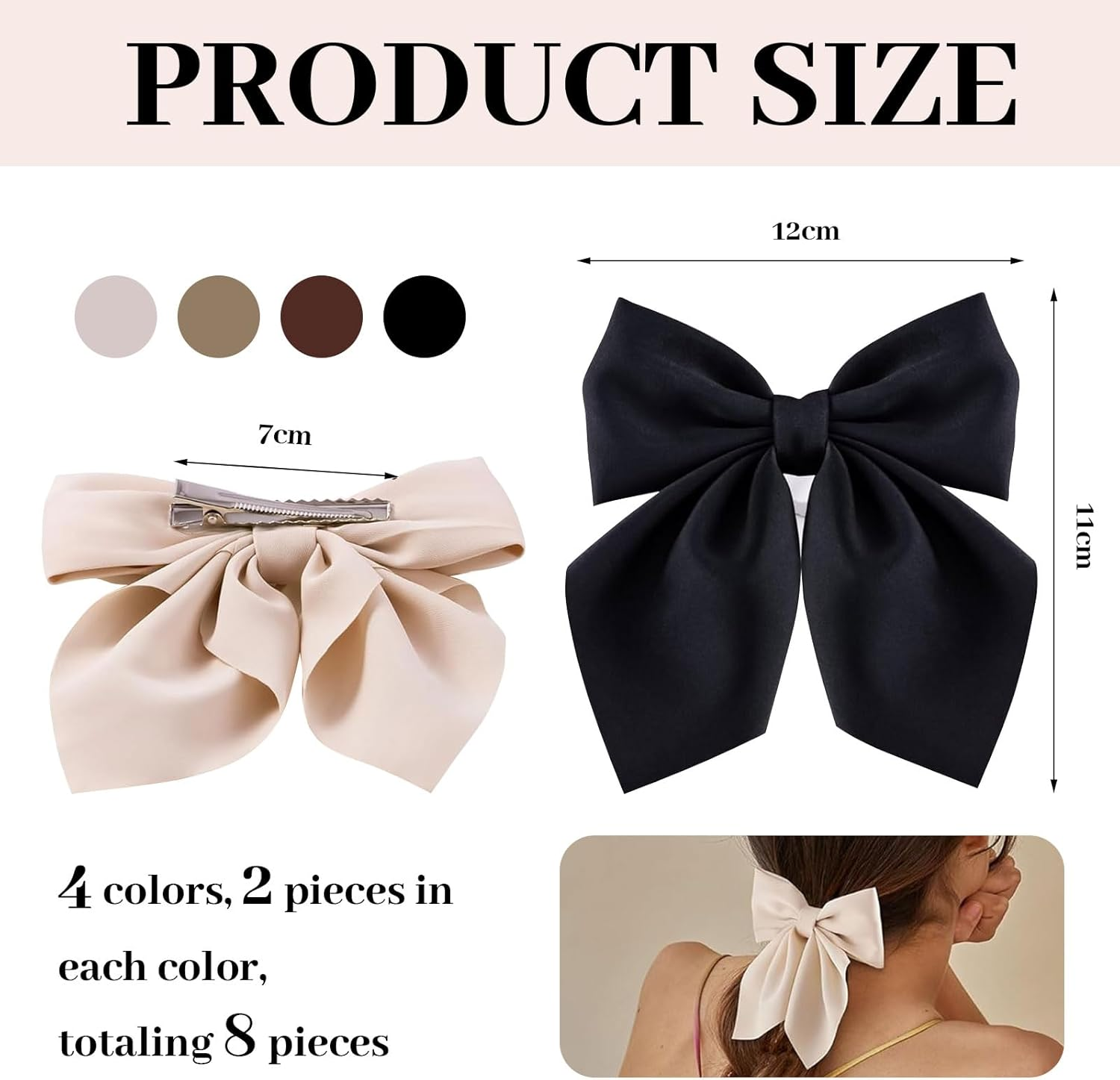 Muorruo 8 Pieces Hair Bows for Women, Short Bow Hair Clips, Small Alligator Hair Clips, Cute Accessories for Girls, Bow Clips for Thick and Thin Hair, Black/Khaki