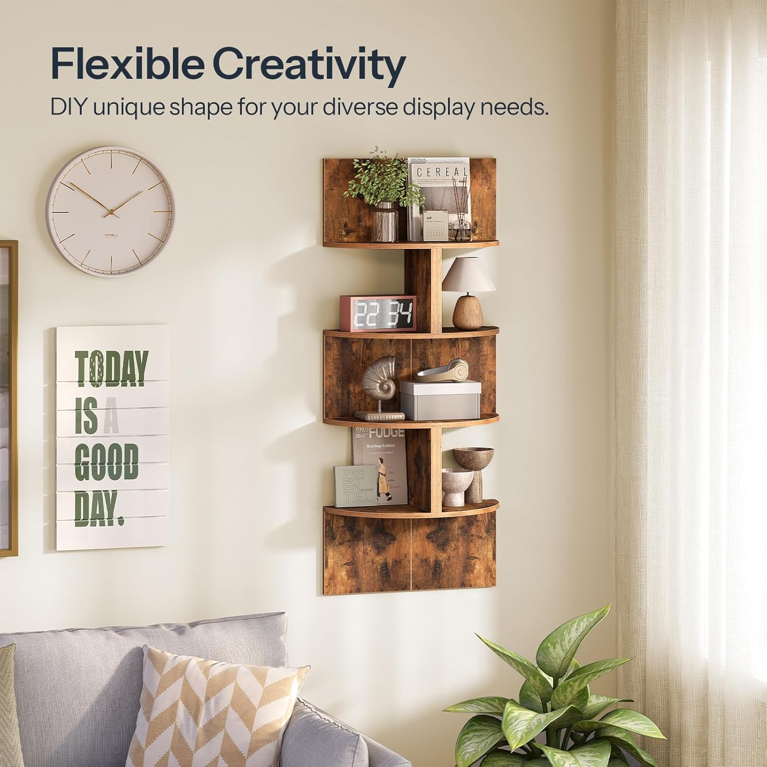 HOOBRO Corner Shelf Wall-Mounted, Set of 2 Floating Corner Shelves for Wall, 4-Tier Corner Bookshelves for Living Room, Bedroom, Bathroom, Home Office, Rustic Brown BF25BJP201 image number 5