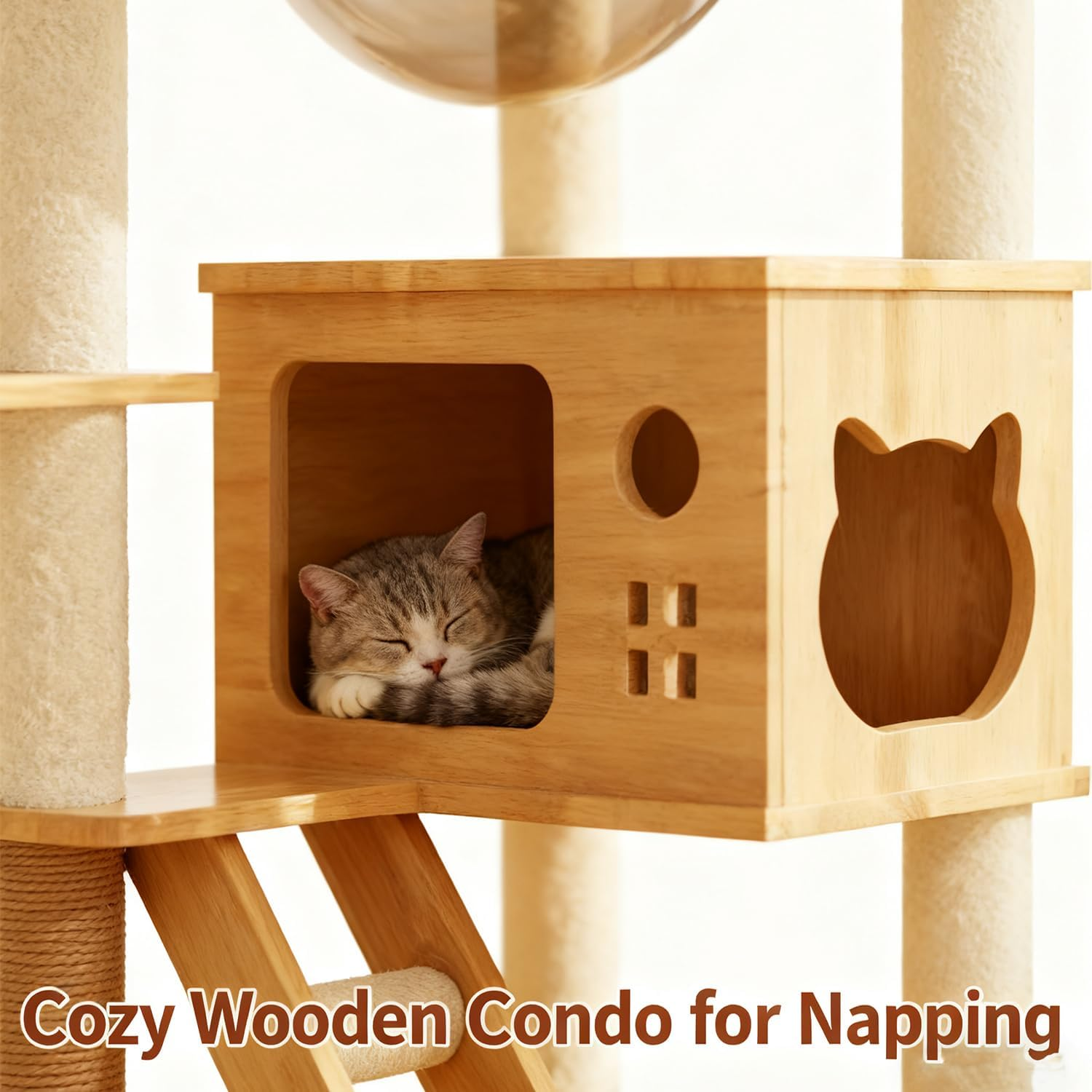 VIC Wooden Cat Tree, 150Cm/130Cm/120Cm Cat Furniture with Scratching Posts, Modern Cat Tower with Hammocks, Toys, Cat Condo Modern Environmental-Friendly Woodcraft Style (1.3M) image number 4
