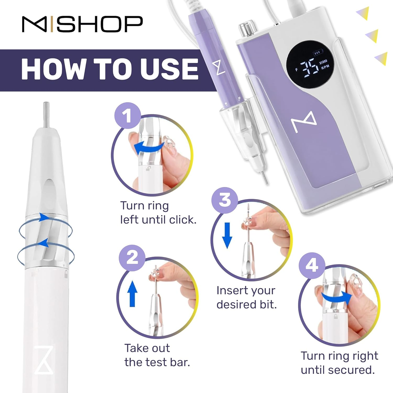 M &ndash; Ying Yang Brushless Nail Drill 35K RPM | Pro Cordless Efile 85W | Rechargeable USB-C Fast Charging | Portable Aluminum Alloy Shell | Quiet Low Vibration Tool for Acrylic Gel Nails (White)