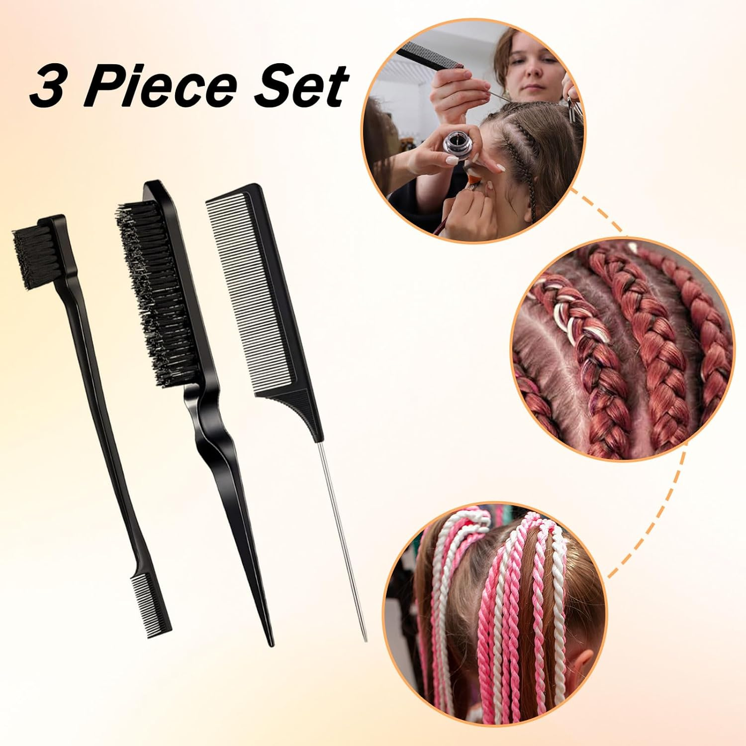 Daryunk 3 Pieces Hair Brush, Teasing Comb, Double Sided Hair Edge Brush, Rat Tail Comb, Plastic Bristle Hair Brush, for Teasing Hair Slicking Brushing Combing Styling image number 6