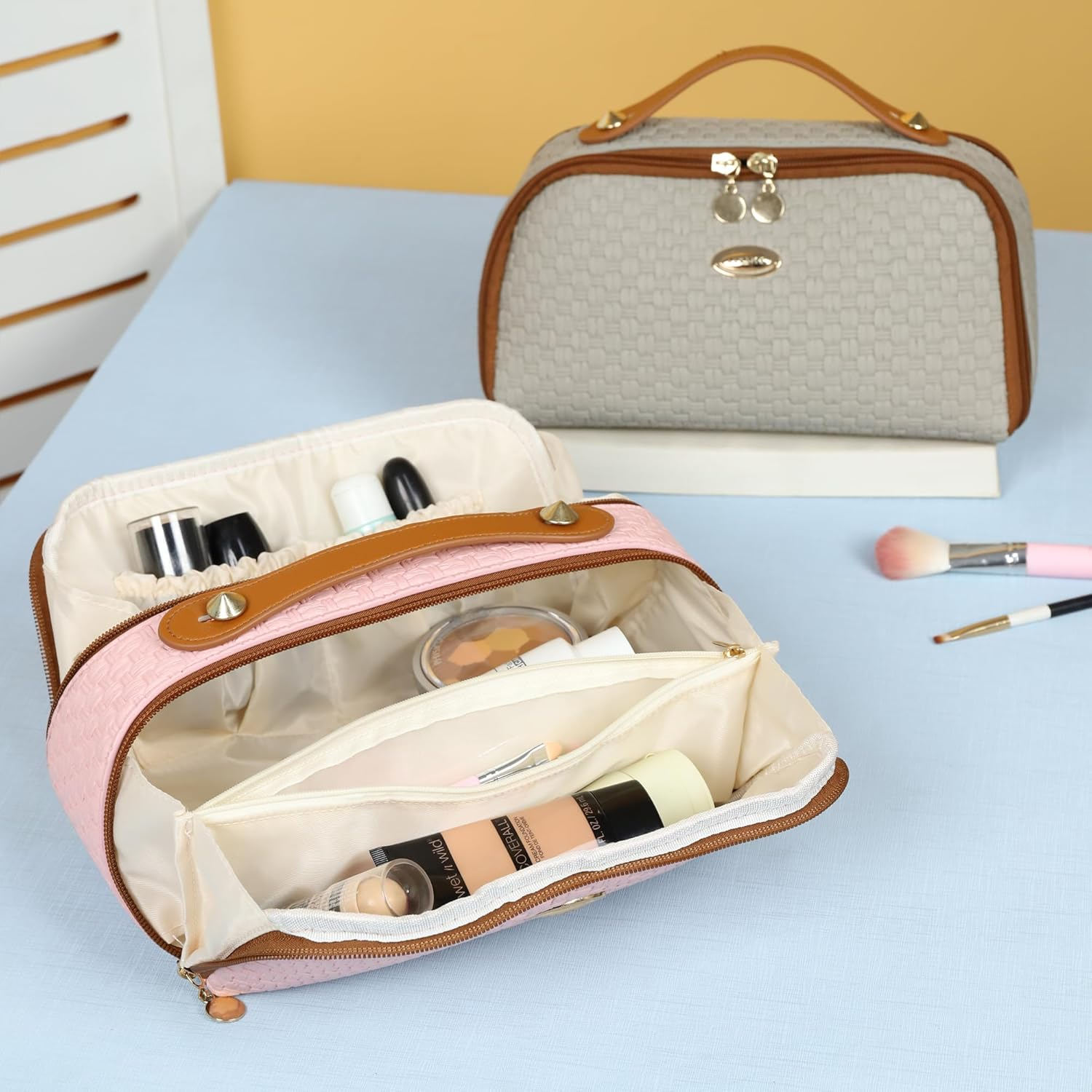 DDPOND Makeup Bag Organizer Cosmetic Bags for Women with Handle Toiletry Bag PU Leather Dark Brown - Pink image number 6