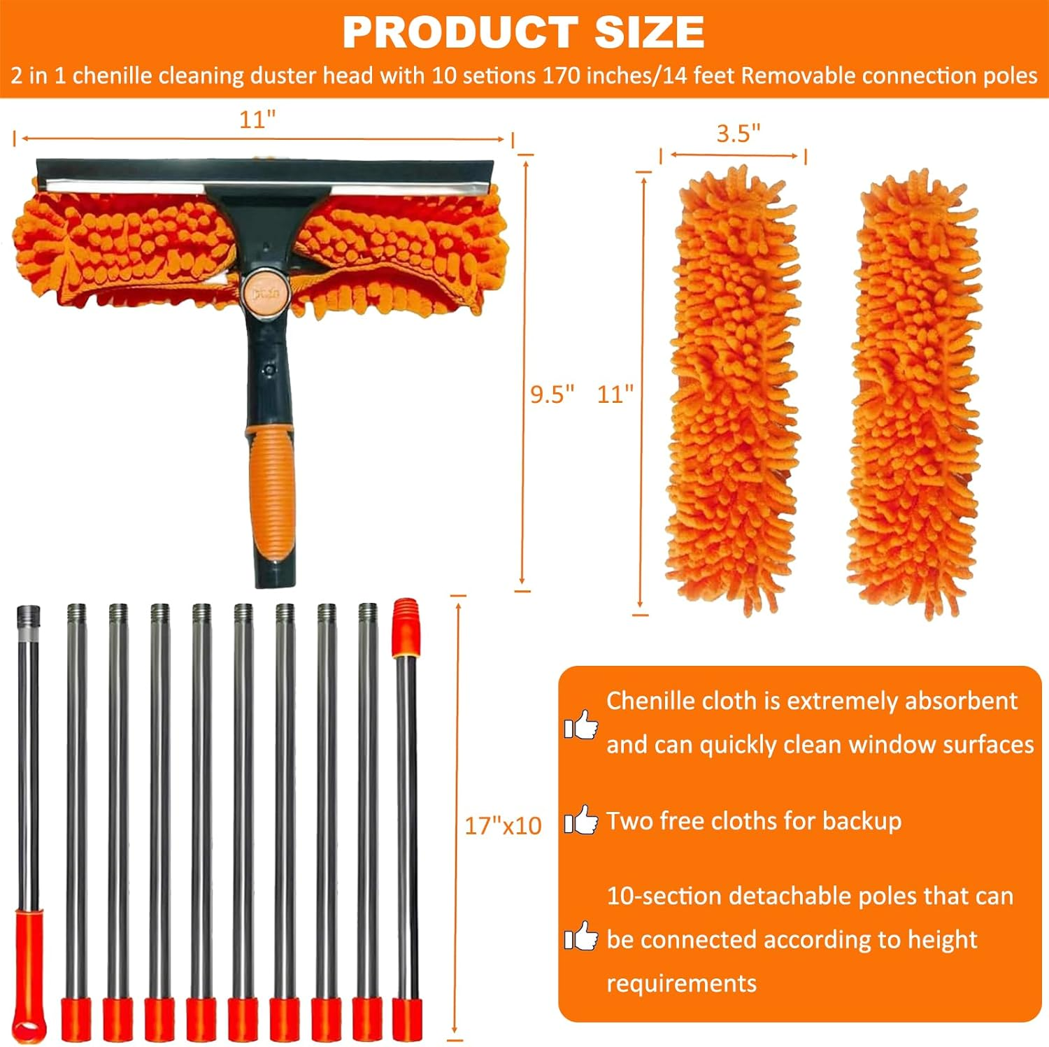 20+ Feet Reach 2 in 1 Window Washing Squeegee & Duster with 3-14 Ft Spliceable Extension Pole // Window Cleaning Tool & Window Washer Squeegee for Home Indoor Outdoor Window Washing image number 3