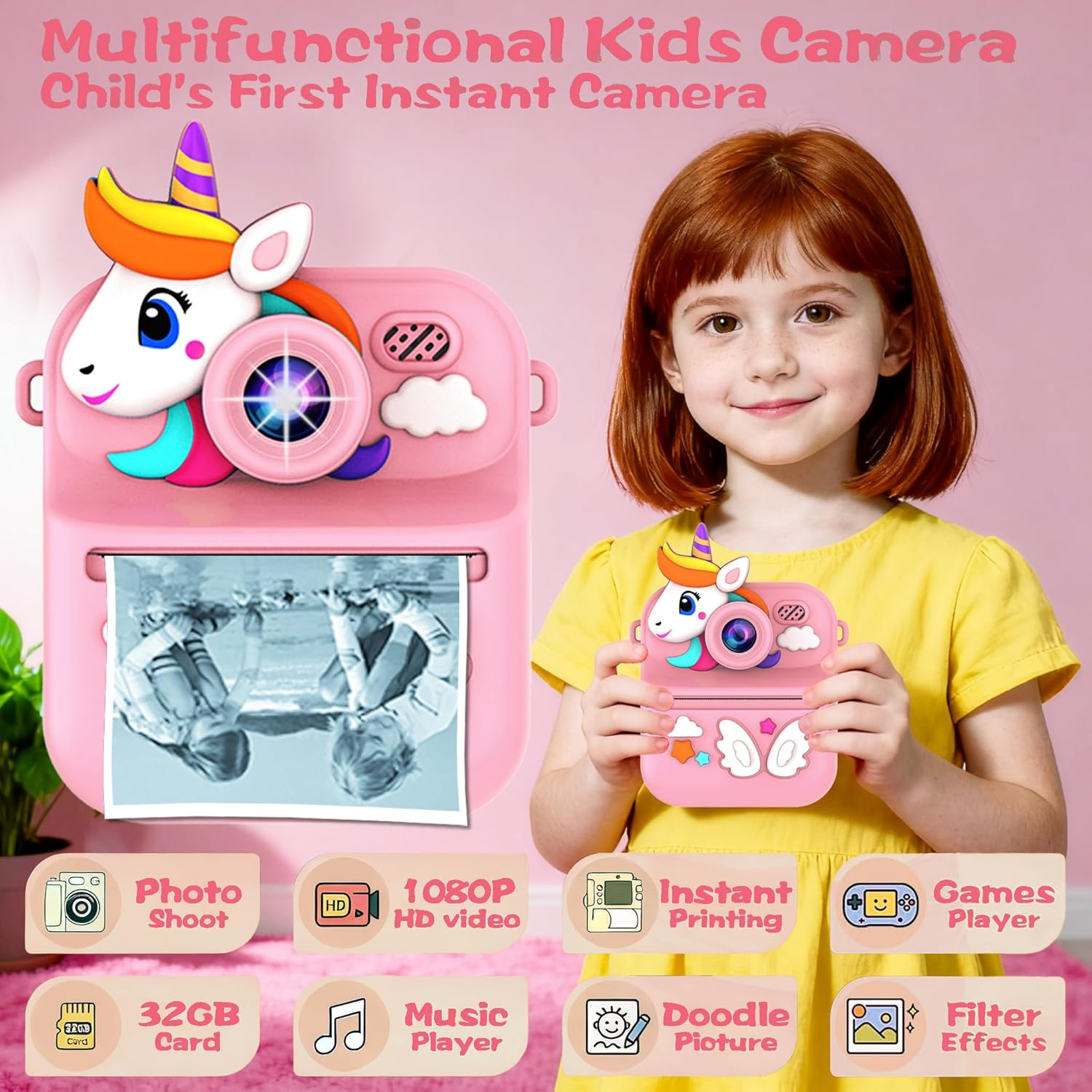 AILRINNI Kids Camera Instant Print 4-Color Print 1080P Kids Digital Camera | for Toddler with 180&deg;Flip | with Protective Case | 32GB Card | 4 Rolls Photo Paper | 4 Color Pens | 5 Games image number 4